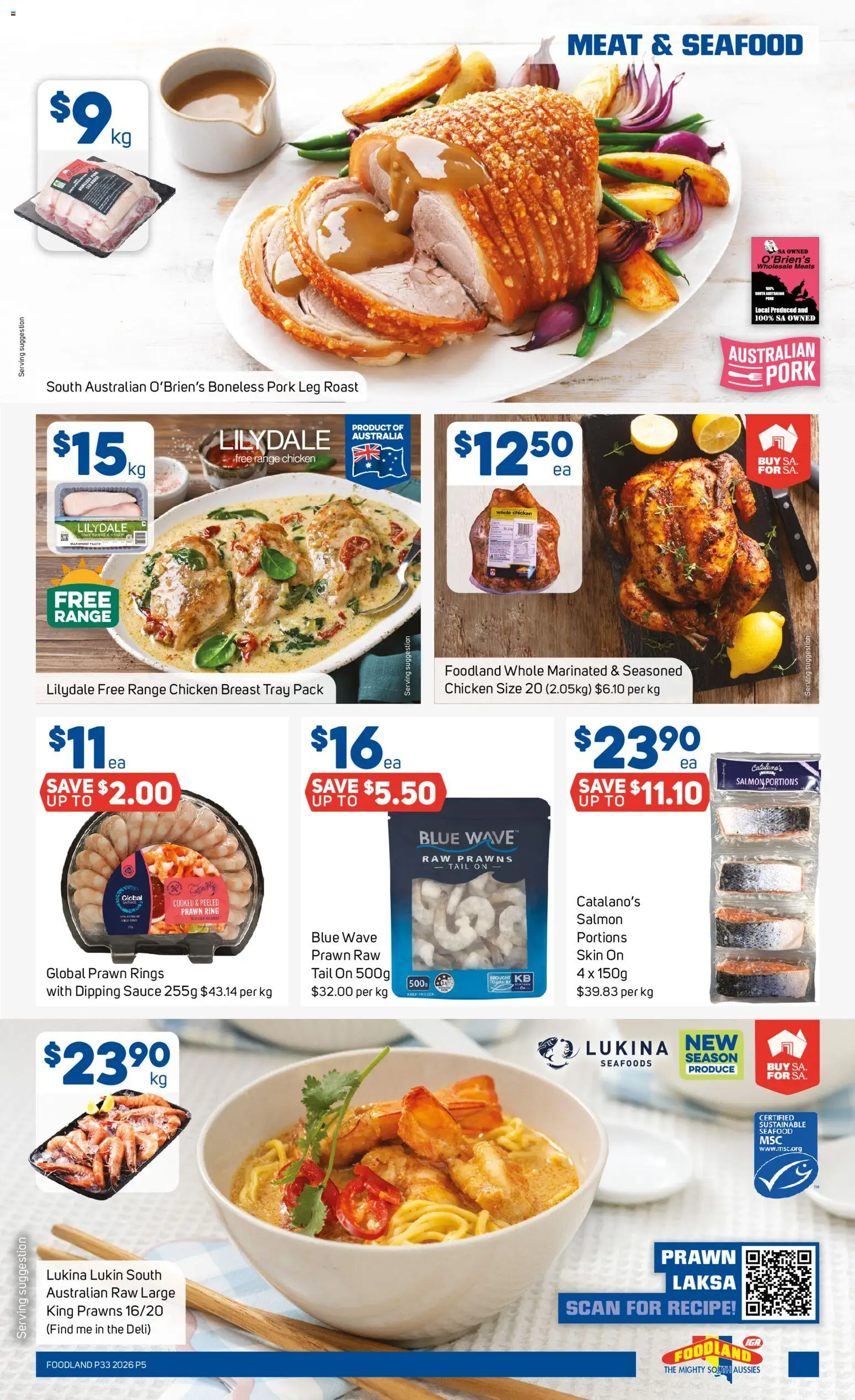 Foodland catalogue - valid from 12/08/2026 | Page: 5 | Products: Pork, Prawns, Whole chicken, Roast