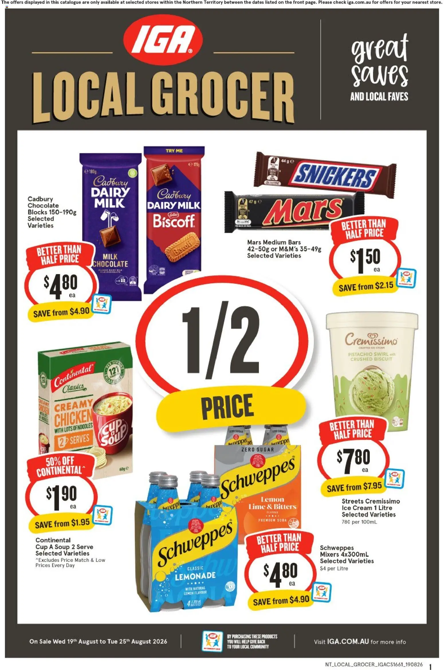 IGA catalogue - valid from 19/08/2026 | Page: 1 | Products: Chocolate, Chicken, Snickers, Lime