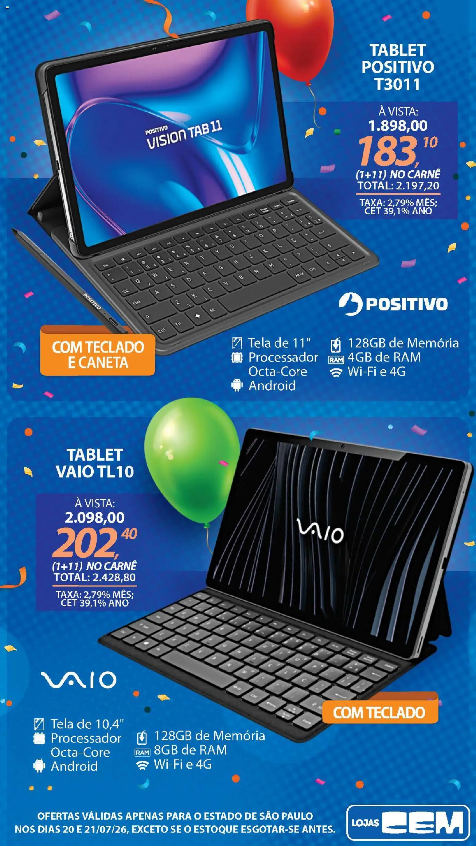 Lojas Cem Folheto - válido de 20/07/2026 | Página: 13 | Produtos: Tablet, Caneta, Carne, Teclado