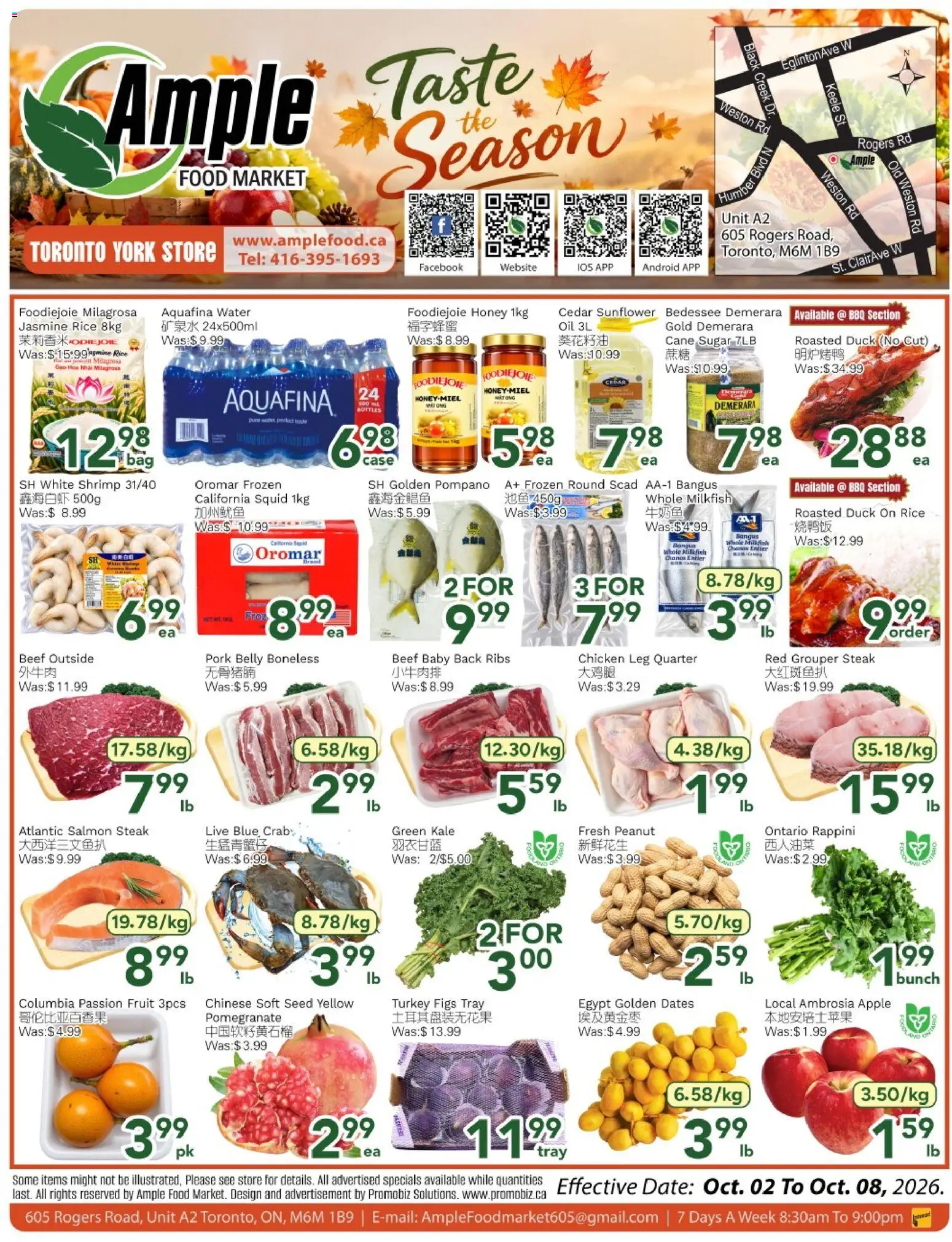 Ample Food Market flyer valid from Oct 2, 2026 | Page: 1 | Products: Fruit, Sugar, Honey, Chicken