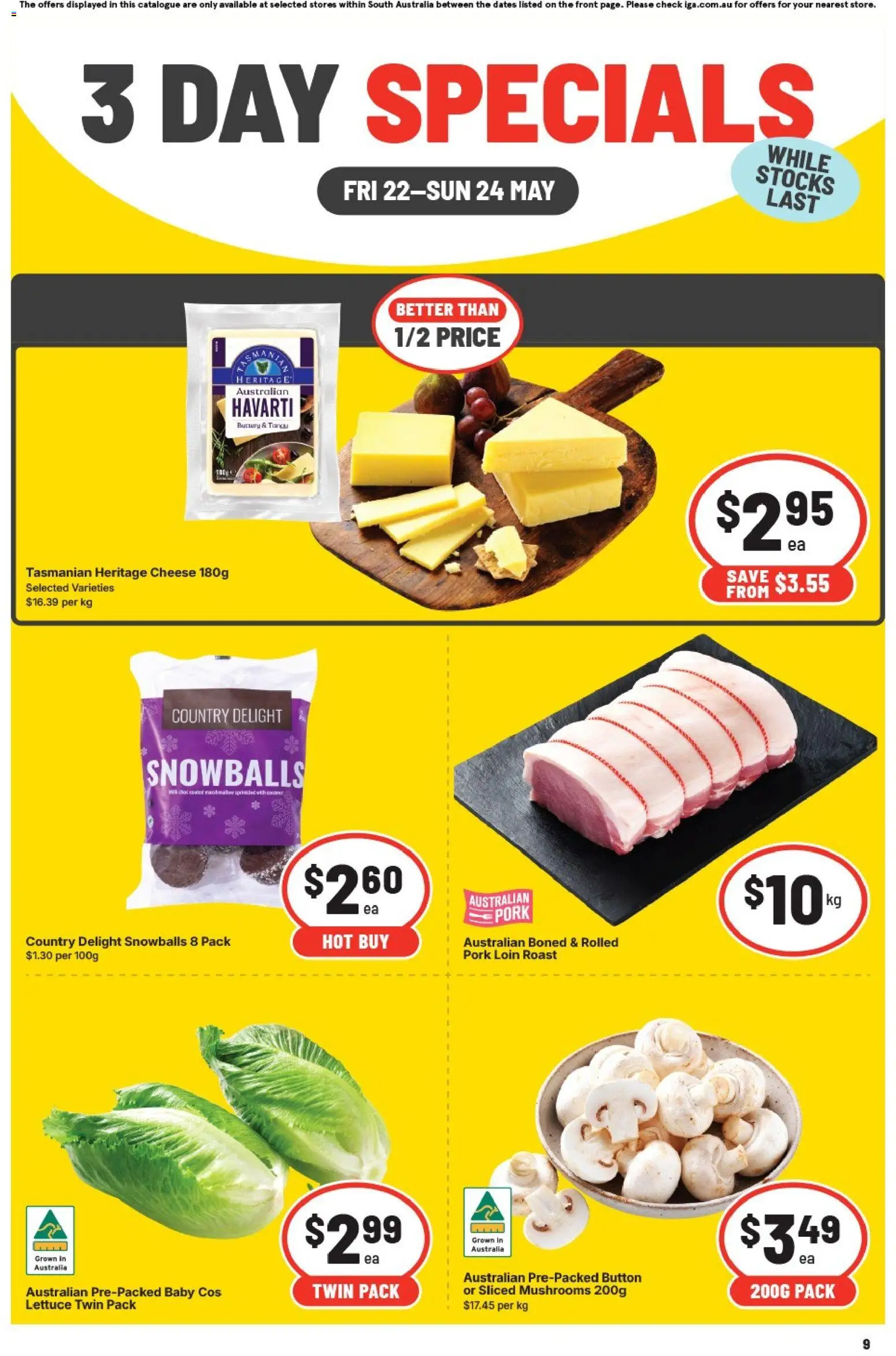 IGA catalogue - valid from 22.05.2026 | Page: 1 | Products: Cheese, Pork, Lettuce, Mushrooms