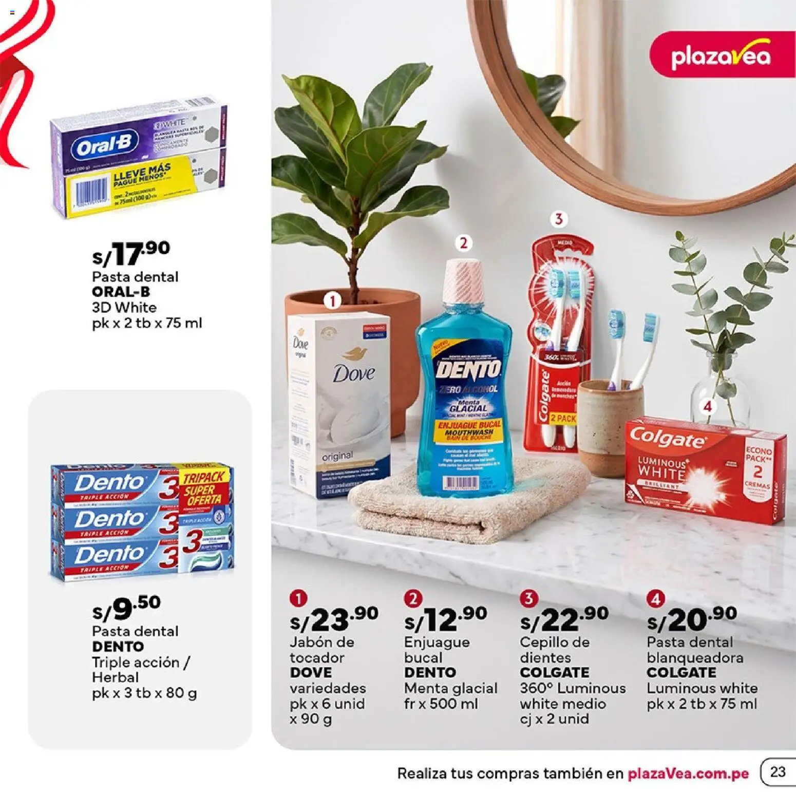Catálogo Plaza Vea válido desde 16/07/2026 | Página: 23 | Productos: Jabón, Pasta dental, Enjuague bucal, Pasta