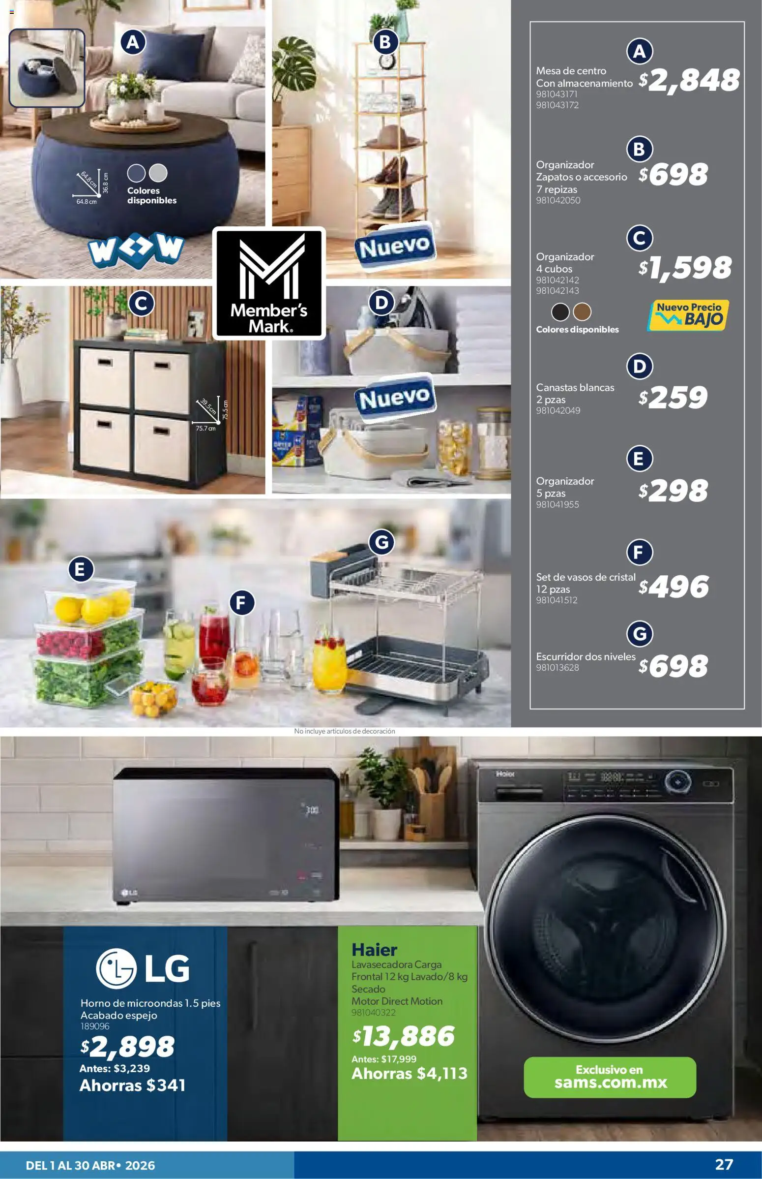 Nuevas ofertas de Sam's Club válidas en toda la República Mexicana desde el 01.04.2026. ¡Encuentra las mejores ofertas en Sam's Club catálogo! | Página: 27 | Productos: Horno, Escurridor, Microondas, Mesa de centro