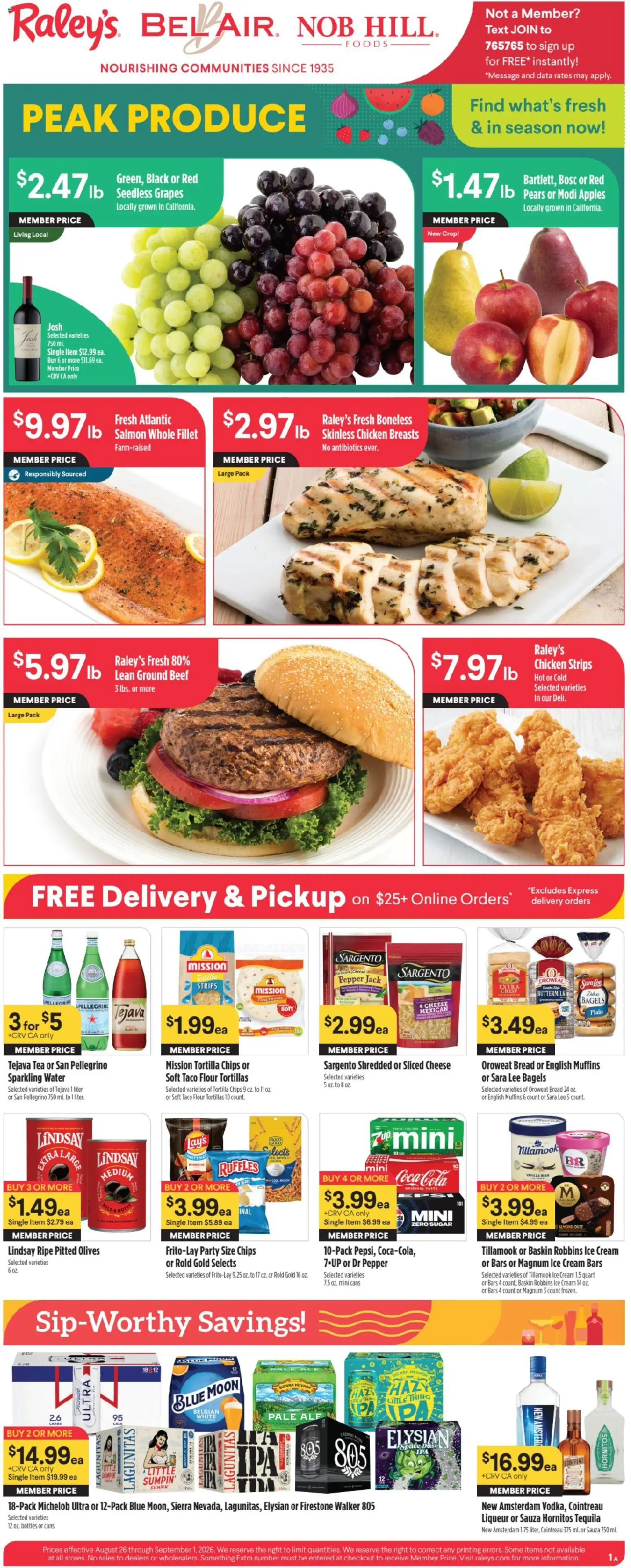 Raley's Weekly Ad - valid from 08/26/2026 | Page: 1 | Products: Nuts, Tortilla chips, Flour, Seedless grapes