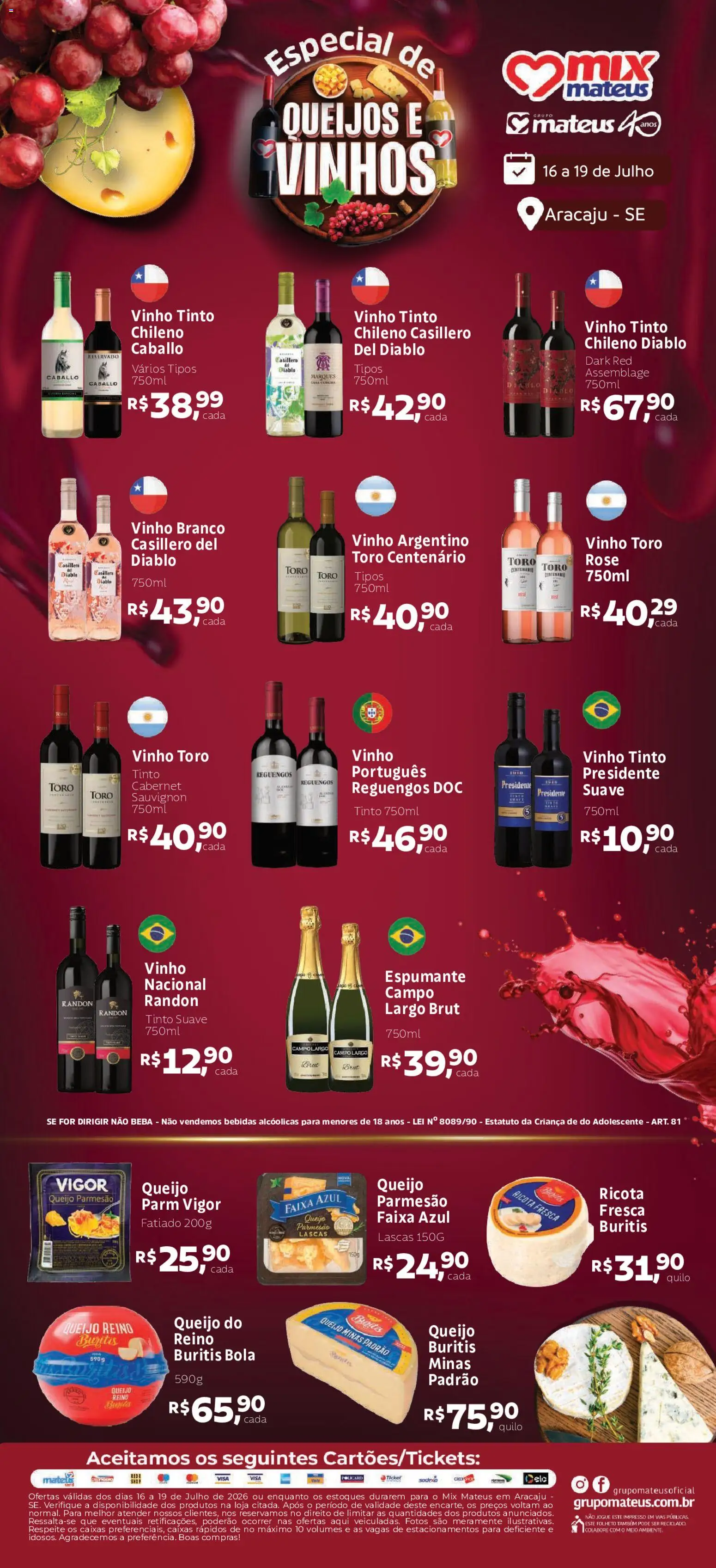 Mateus Folheto - válido de 16/07/2026 | Página: 1 | Produtos: Queijo, Vinho, Ricota, Queijo parmesão