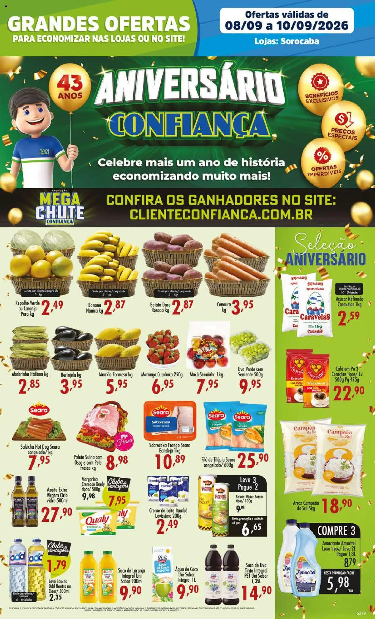 Confiança Folheto - válido de 08/09/2026 | Página: 1 | Produtos: Pera, Tilápia, Suco, Paleta suína