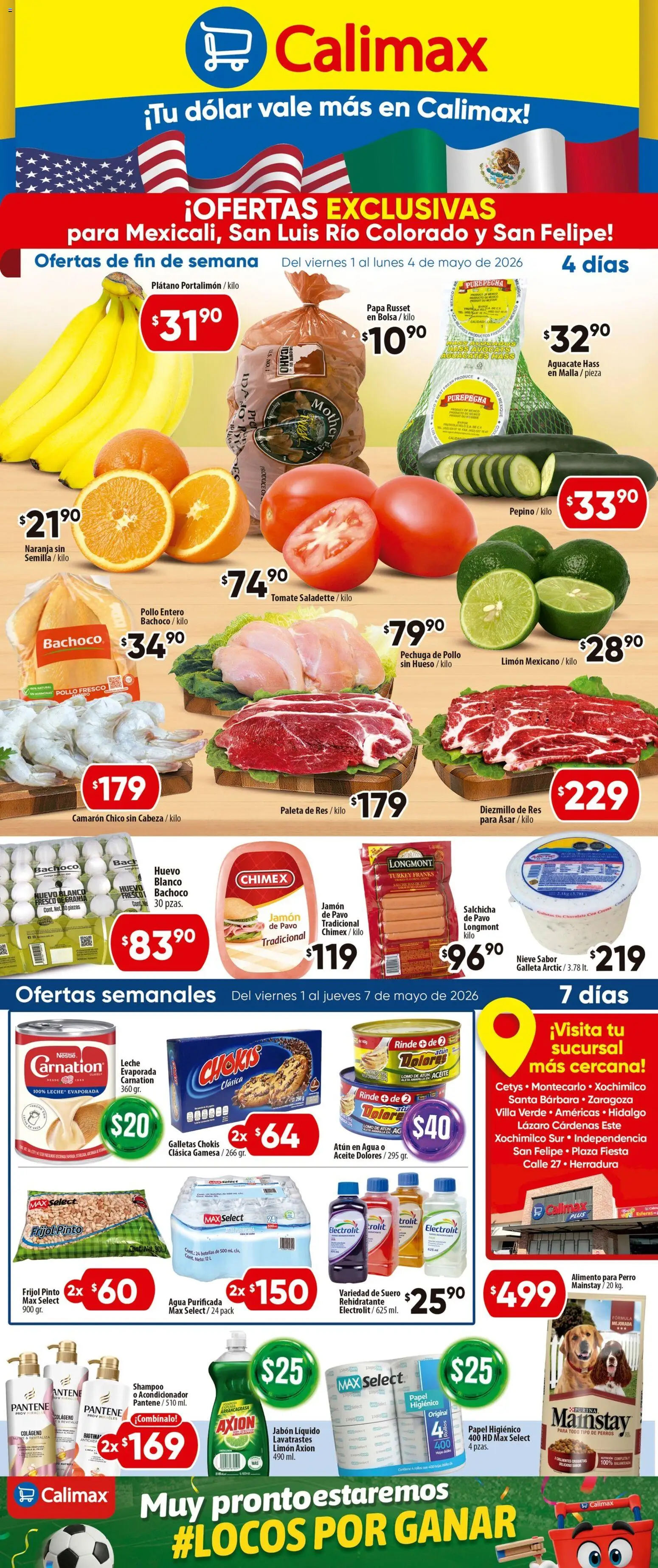 Nuevas ofertas de Calimax válidas en toda la República Mexicana desde el 01.05.2026. ¡Encuentra las mejores ofertas en Calimax folleto Mexicali y SLRC! | Página: 1 | Productos: Papa, Tomate, Chocolate, Malla