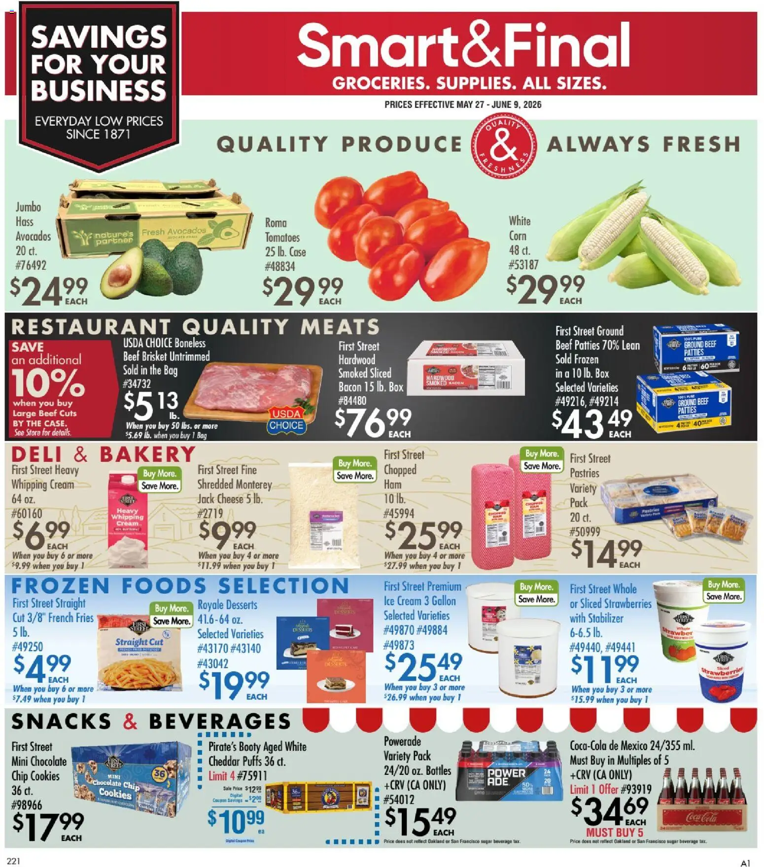 Smart & Final Business & Club - valid from 27.05.2026 | Page: 1 | Products: Corn, Strawberries, Peach, Chocolate Chip