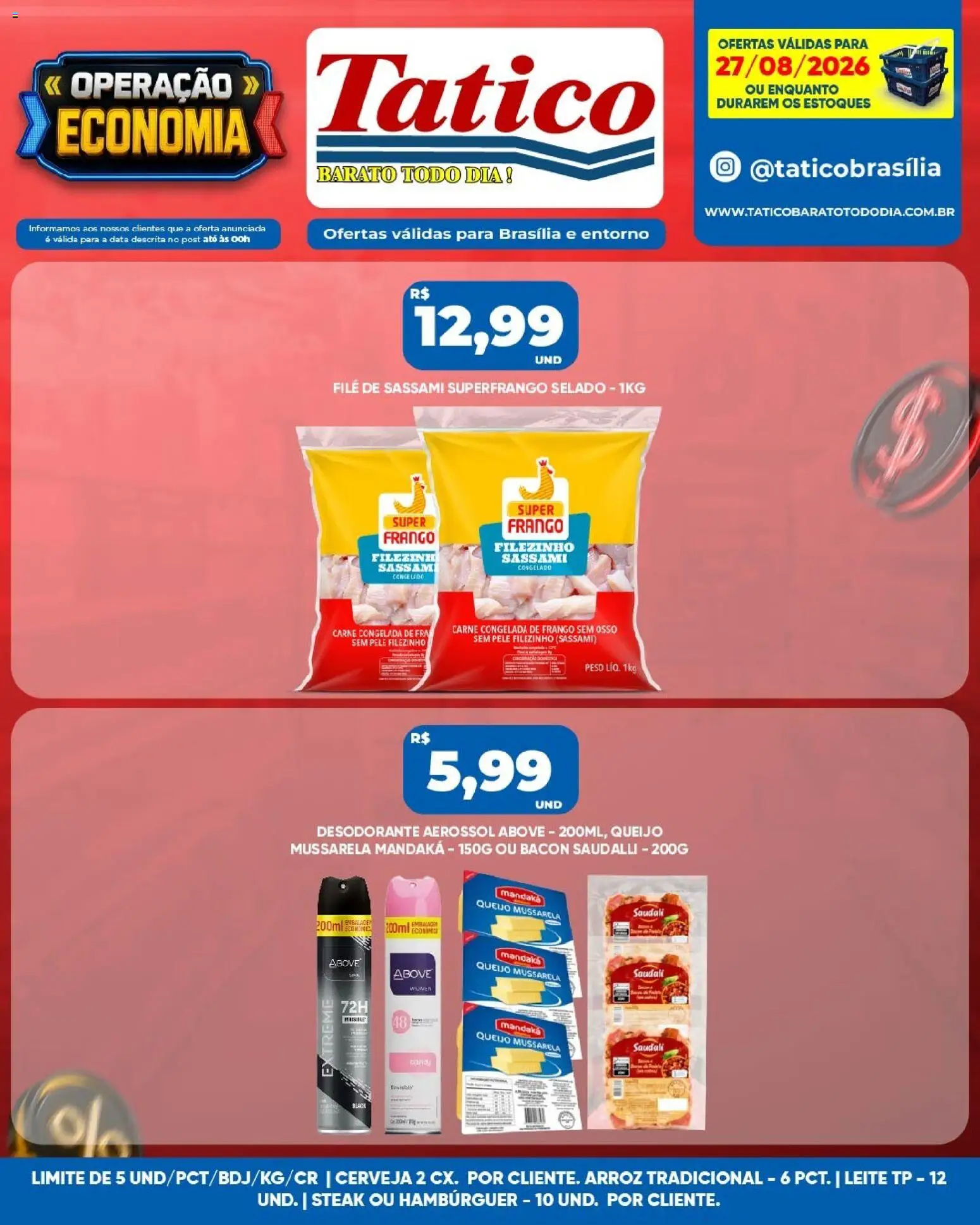 Tatico Folheto - válido de 27/08/2026 | Página: 6 | Produtos: Cerveja, Arroz, Hambúrguer, Mussarela