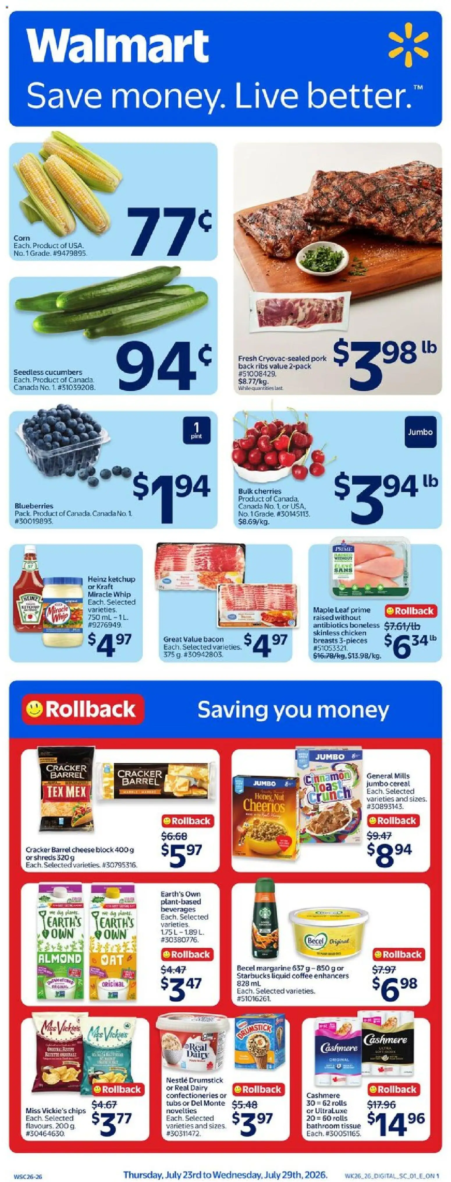 Walmart flyer valid from Jul 23, 2026 | Page: 1 | Products: Ice cream, Toast, Mayonnaise, Cheese