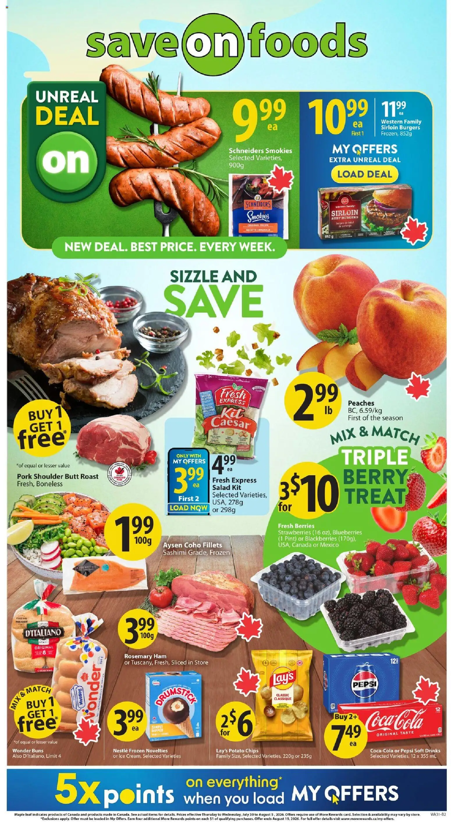 Save on foods flyer valid from Jul 30, 2026 | Page: 2 | Products: Beef, Strawberries, Salad, Pork