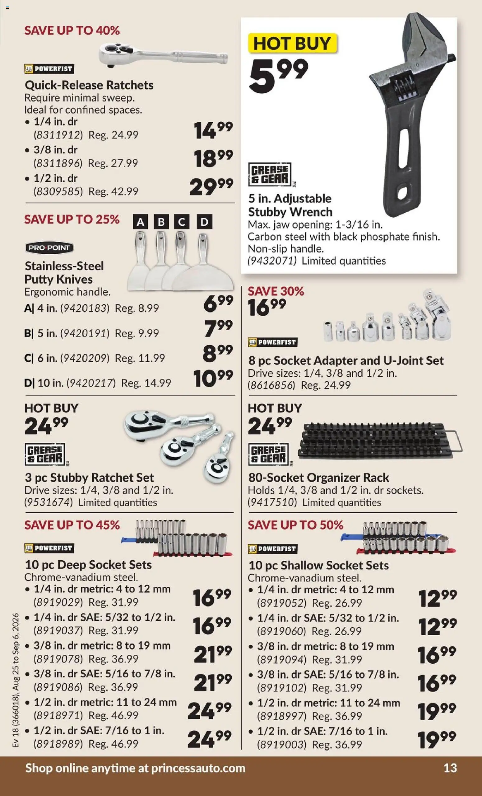 Princess Auto flyer valid from Aug 25, 2026 | Page: 14 | Products: PC, Adapter, Knives, Socket