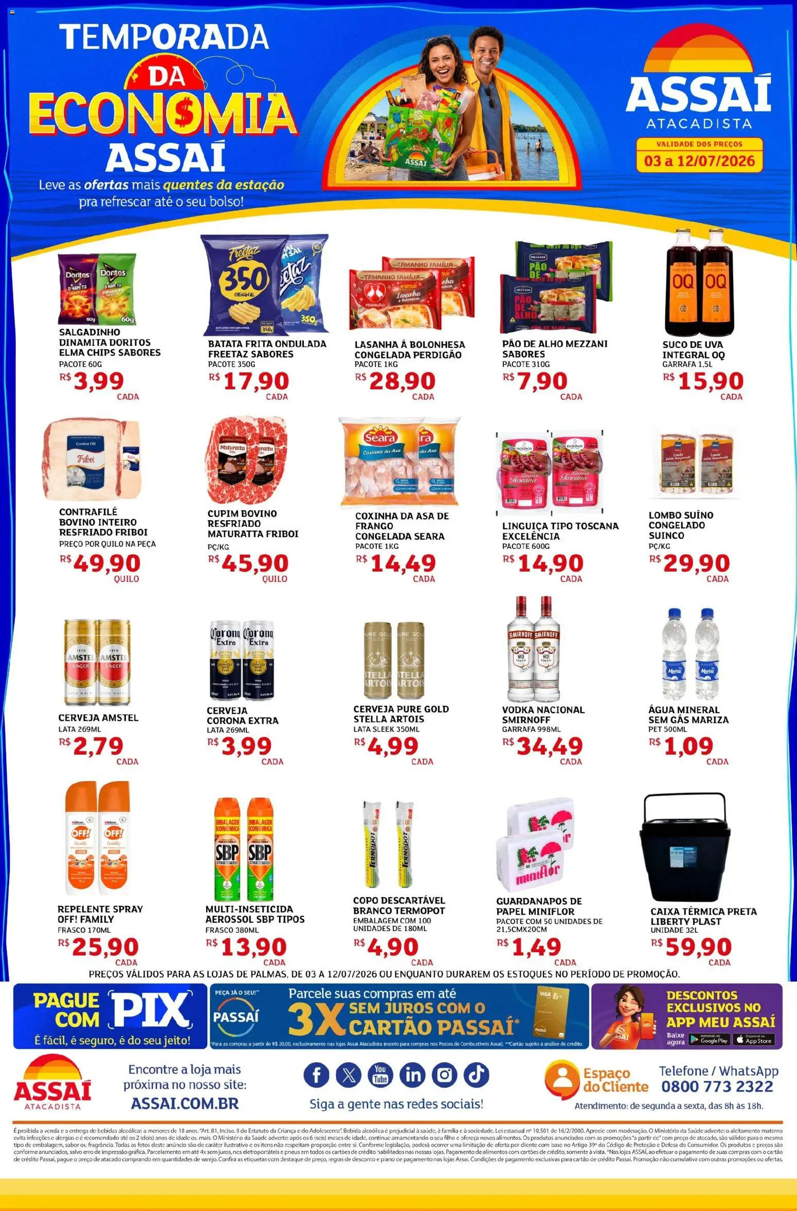 Assaí Atacadista Folheto - válido de 04/07/2026 | Página: 1 | Produtos: Elma Chips, Lombo, Caixa, Telefone