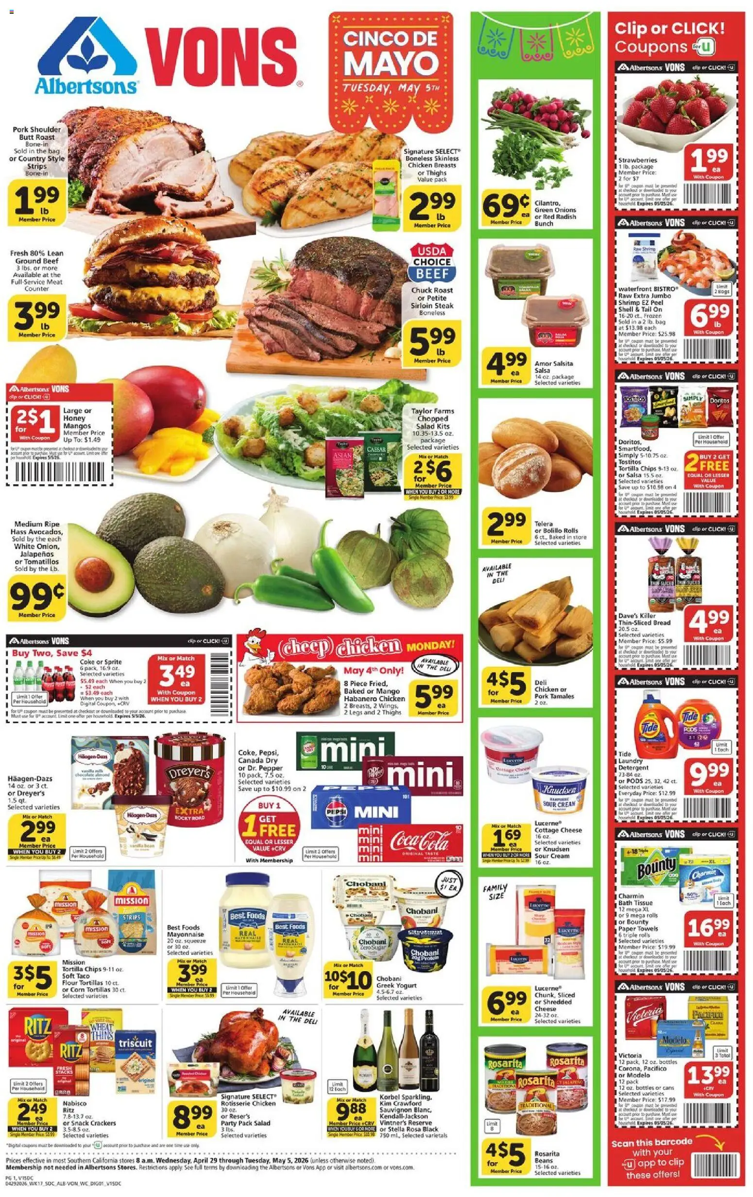 Vons Weekly Ad - SoCal - valid from 29.04.2026 | Page: 1 | Products: Cheese, Bread, Cottage cheese, Sugar