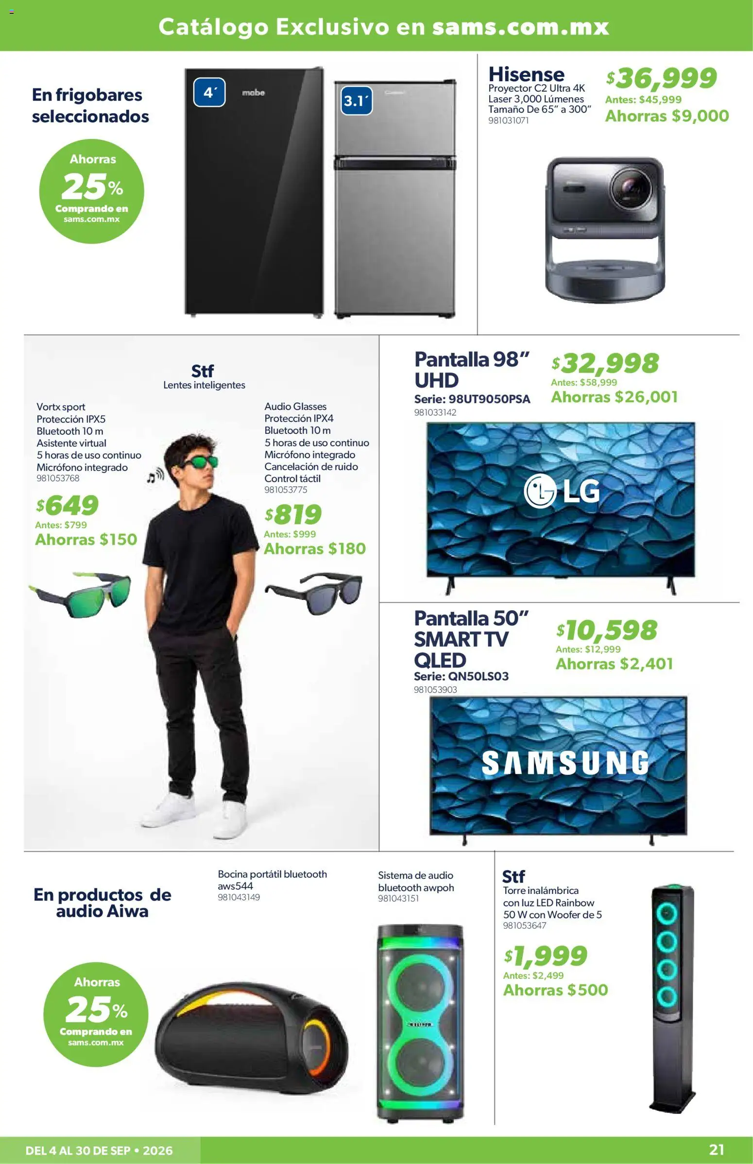 Nuevas ofertas de Sam's Club válidas en toda la República Mexicana desde el 04/09/2026. ¡Encuentra las mejores ofertas en Sam's Club catálogo! | Página: 21 | Productos: Lentes, Luz LED, Proyector, Bocina