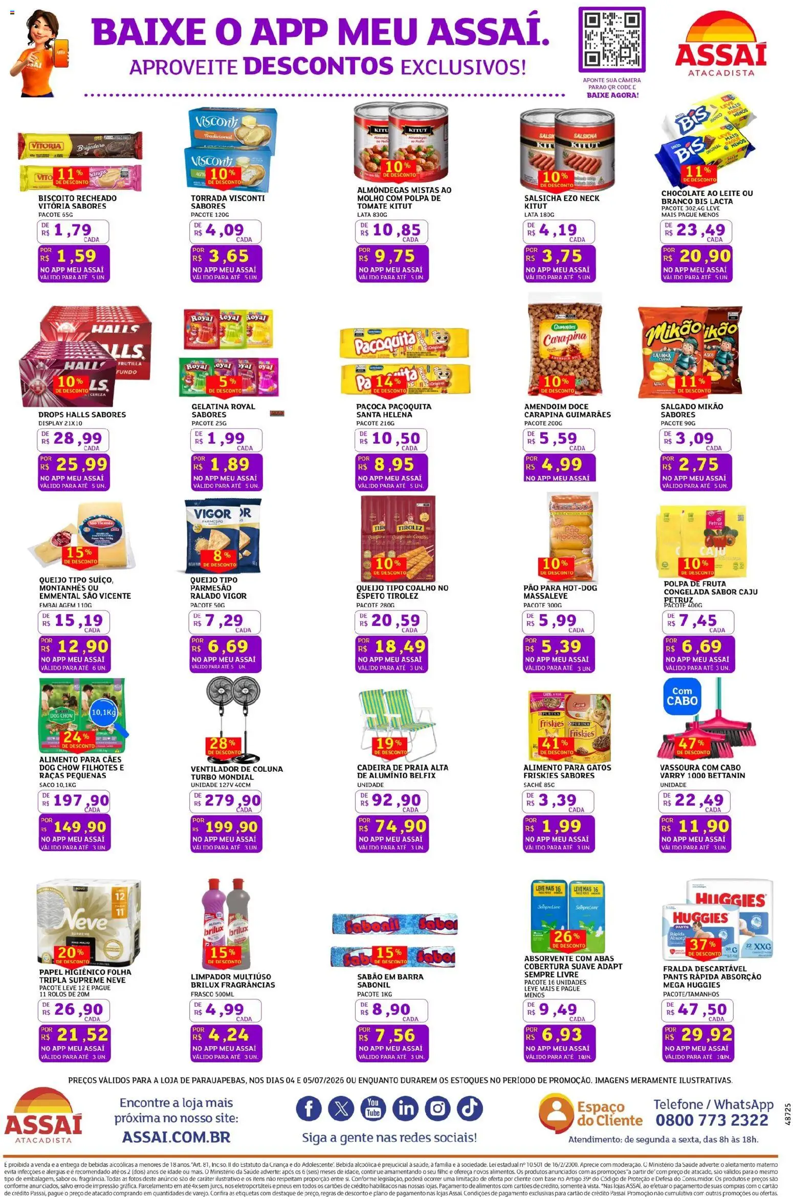 Assaí Atacadista Folheto - válido de 04/07/2026 | Página: 3 | Produtos: Salsicha, Bebida, Absorvente, Cabo