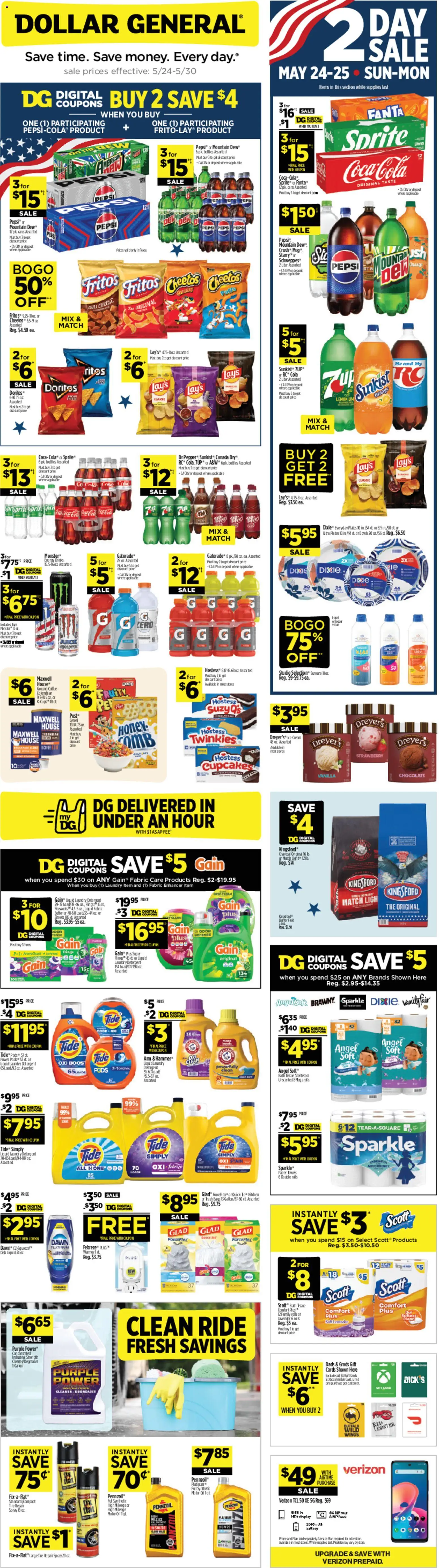 Dollar General Weekly Ad - valid from 24.05.2026 | Page: 1 | Products: Cheese, Coffee, Lemon, Motor Oil