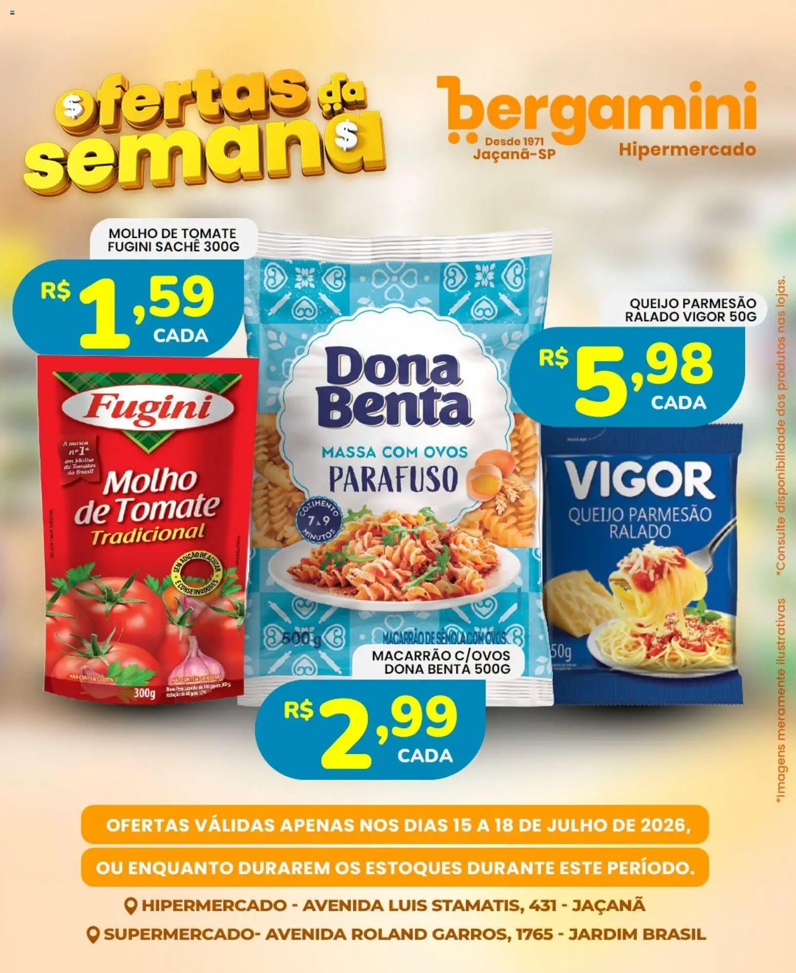 Supermercado Bergamini Folheto - válido de 15/07/2026 | Página: 9 | Produtos: Molho de tomate, Queijo, Parmesão, Massa
