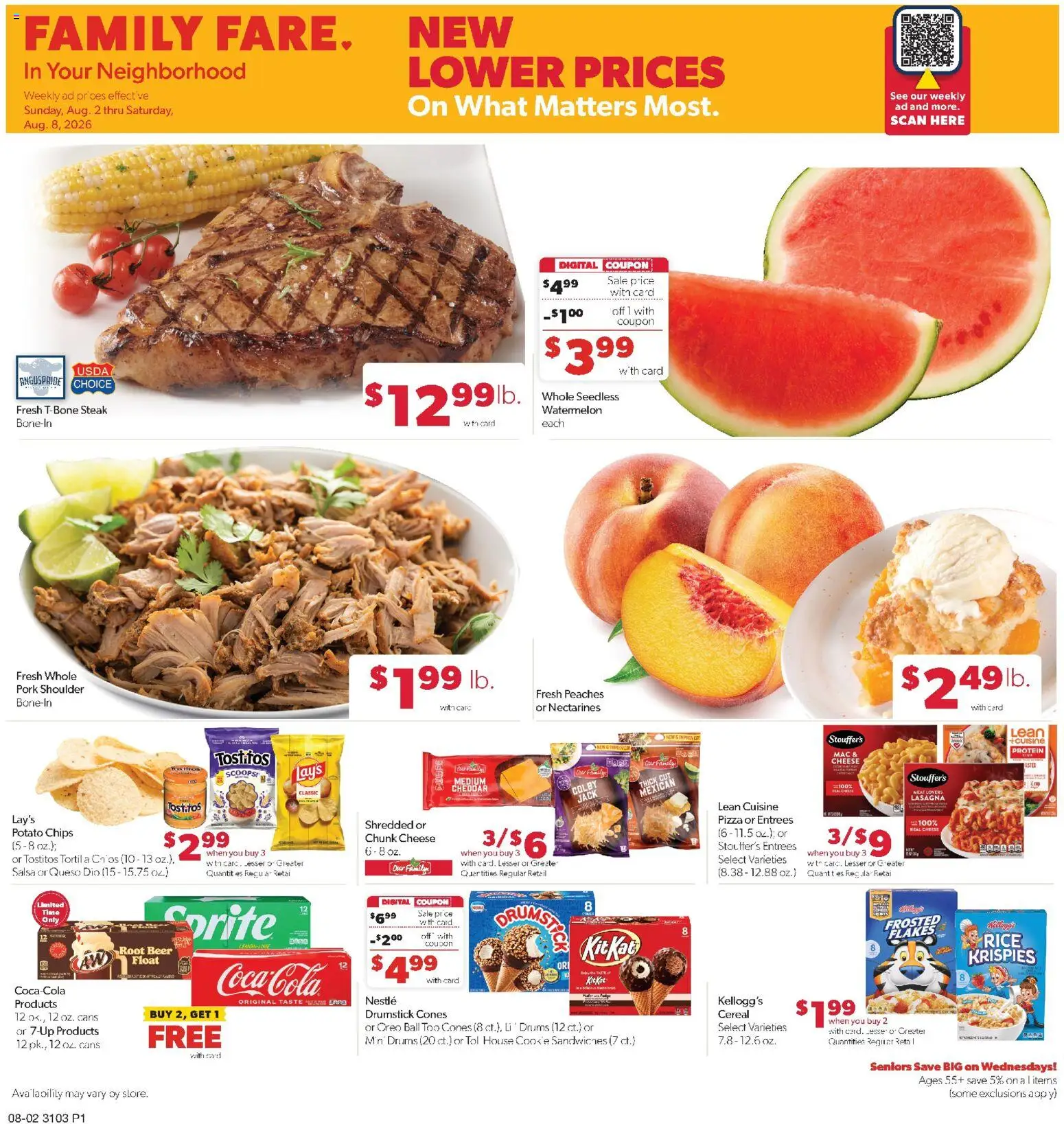 Family Fare Weekly Ad - ND - valid from 08/02/2026 | Page: 1 | Products: Cheese, Oreo, Lasagna, Watermelon