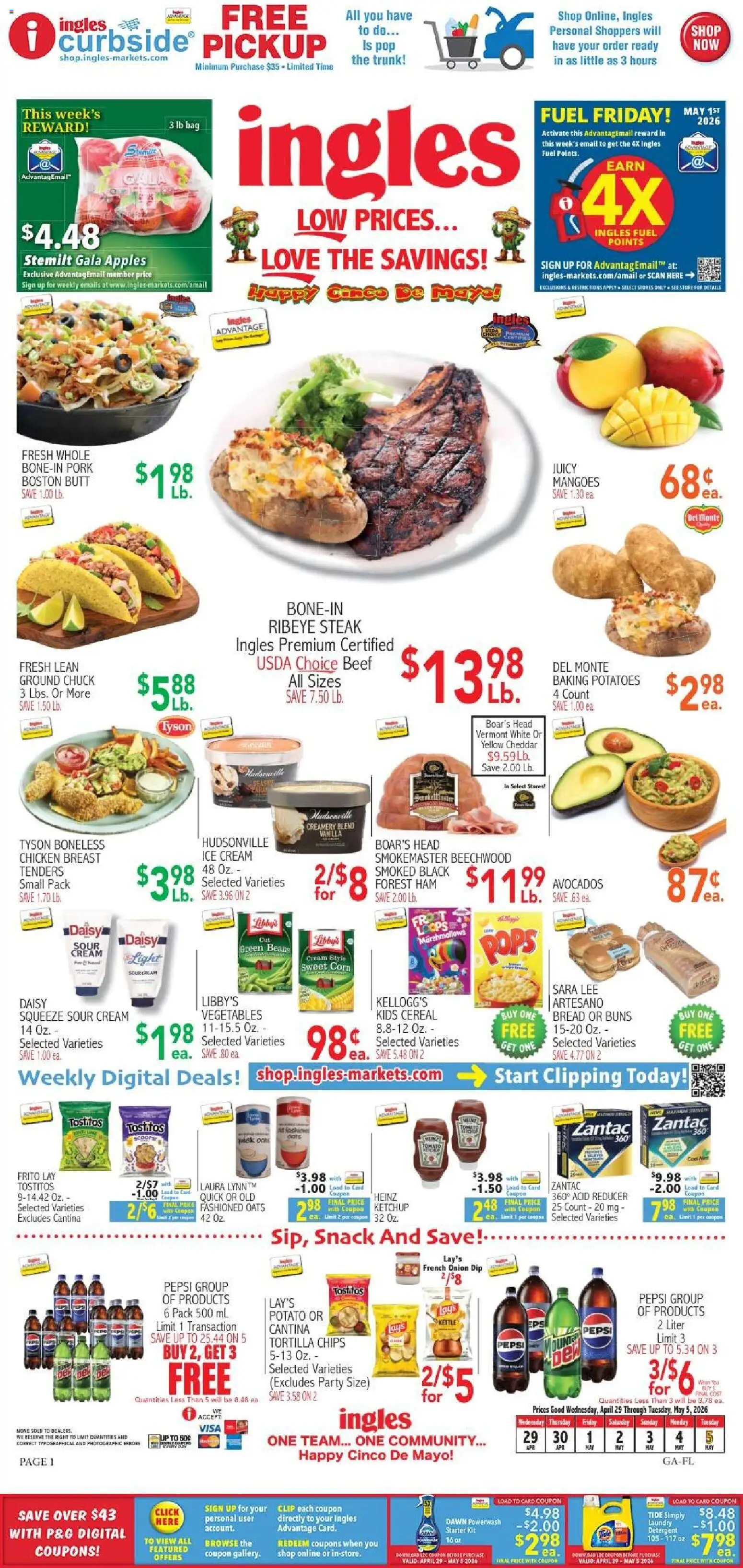 Ingles Weekly Ad - valid from 06.05.2026 | Page: 1 | Products: Bread, Detergent, Potatoes, Vegetables