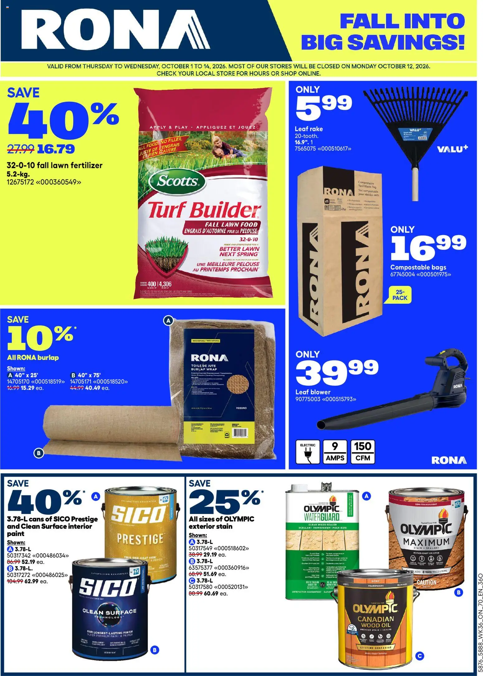 Rona flyer valid from Oct 1, 2026 | Page: 1 | Products: Fertilizer, Bag, Food, Coat