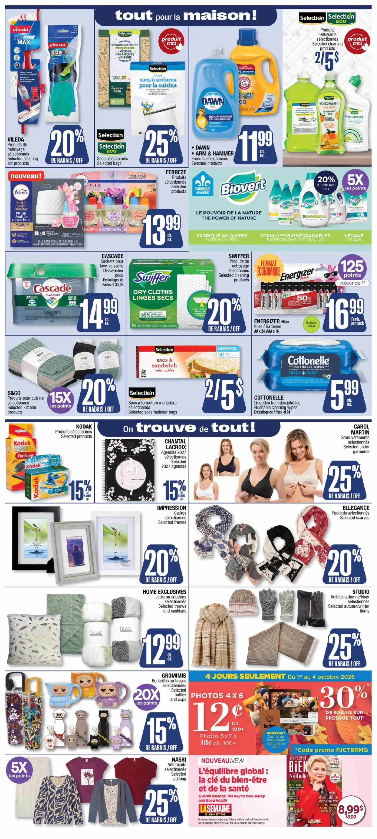 Jean Coutu flyer valid from Oct 1, 2026 | Page: 8 | Products: Water, Dishwasher, Sachets, Oil