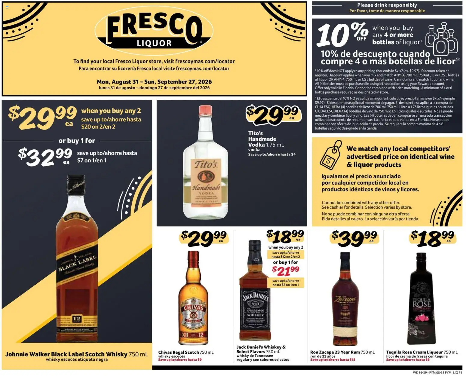 Fresco y Más Alcohol Flyer - valid from 08/31/2026 | Page: 1 | Products: Cream liqueur, Vodka, Ron Zacapa 23, Rum