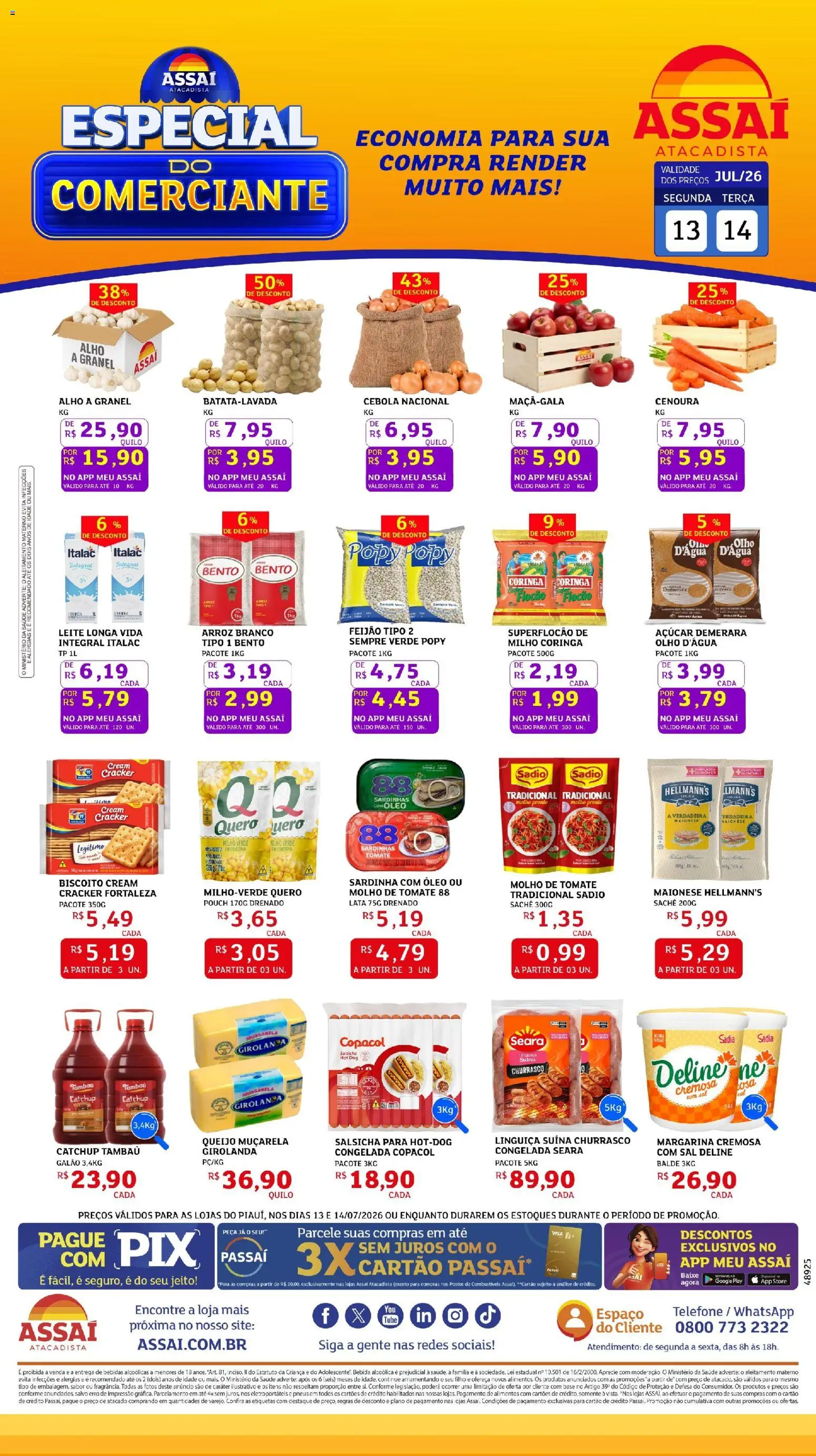 Assaí Atacadista Folheto - válido de 13/07/2026 | Página: 1 | Produtos: Salsicha, Leite, Muçarela, Pneus