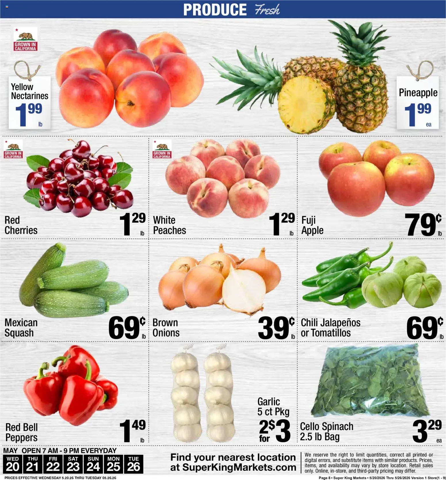 Super King Weekly Ad - valid from 20.05.2026 | Page: 9 | Products: Cherries, Peppers, Squash, Garlic