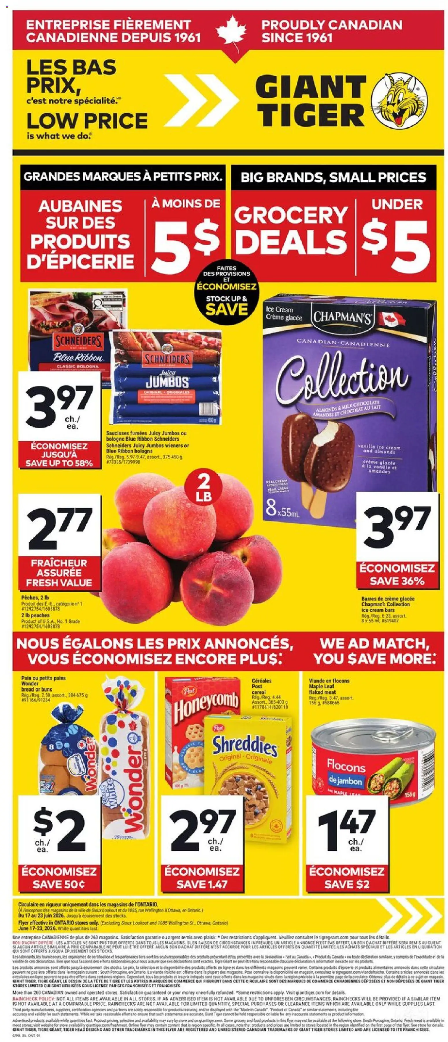 Giant Tiger flyer valid from 17.06.2026 | Page: 1 | Products: Cream, Ice cream, Milk, Bread