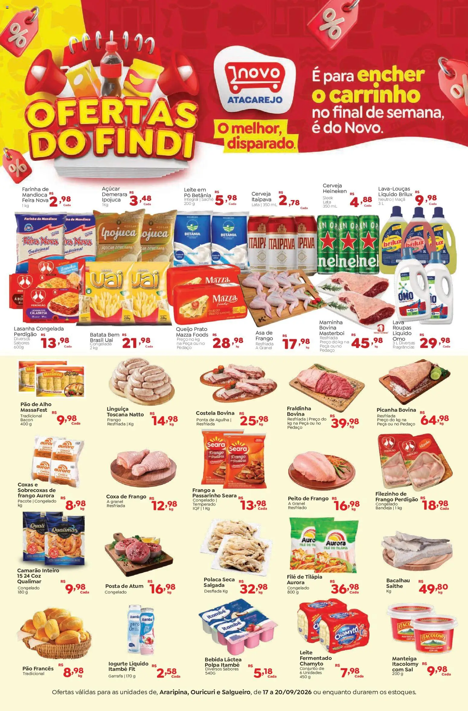 Novo Atacarejo Folheto - válido de 17/09/2026 | Página: 1 | Produtos: Pó, Farinha de mandioca, Camarão, Açúcar