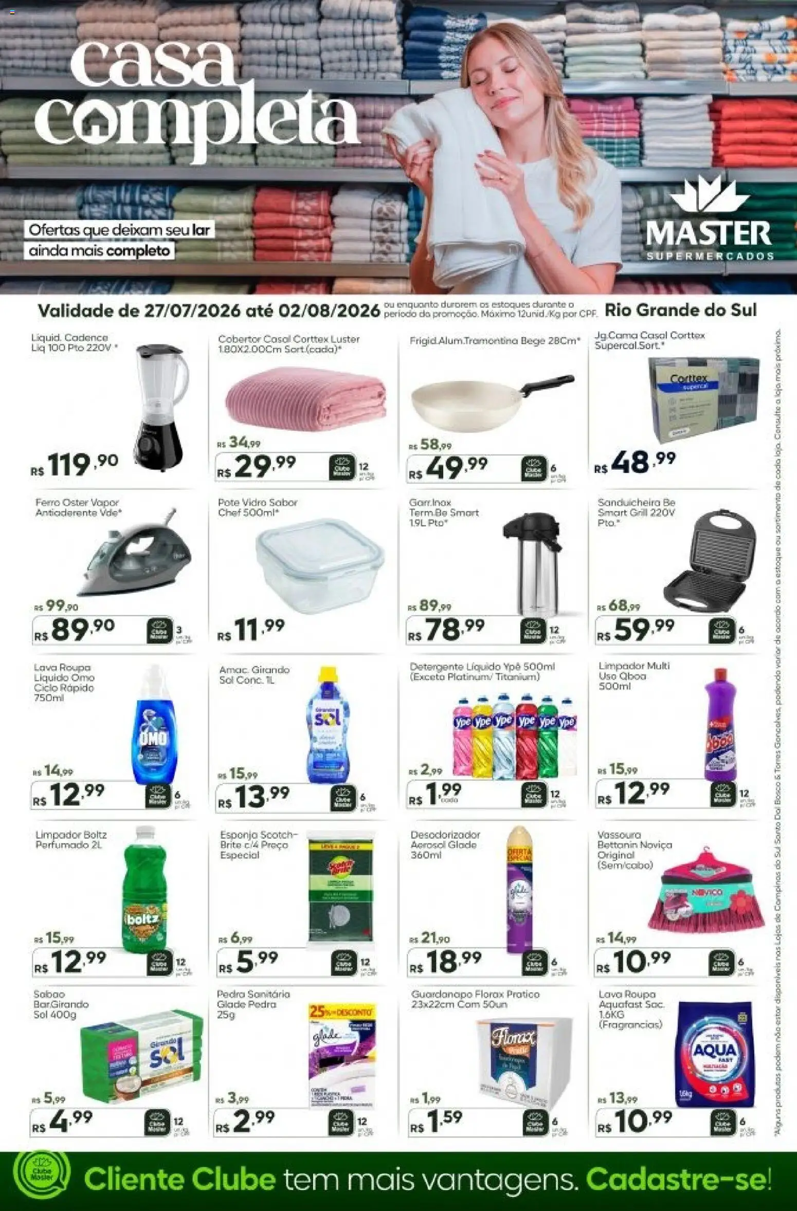 Master Folheto - válido de 27/07/2026 | Página: 1 | Produtos: Ferro, Cobertor, Vassoura, Guardanapo