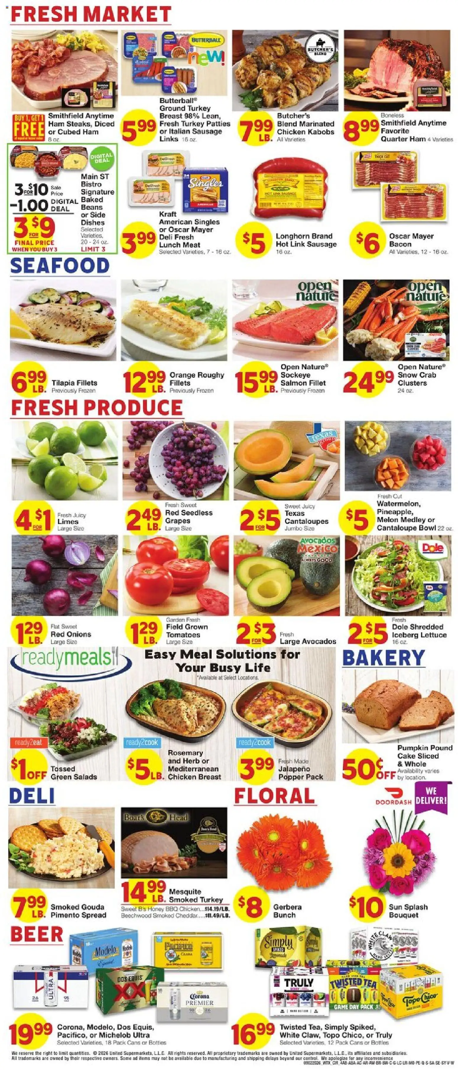 United Supermarkets Weekly Ad - valid from 09/02/2026 | Page: 5 | Products: Turkey, Ground turkey, Seafood, Iceberg lettuce