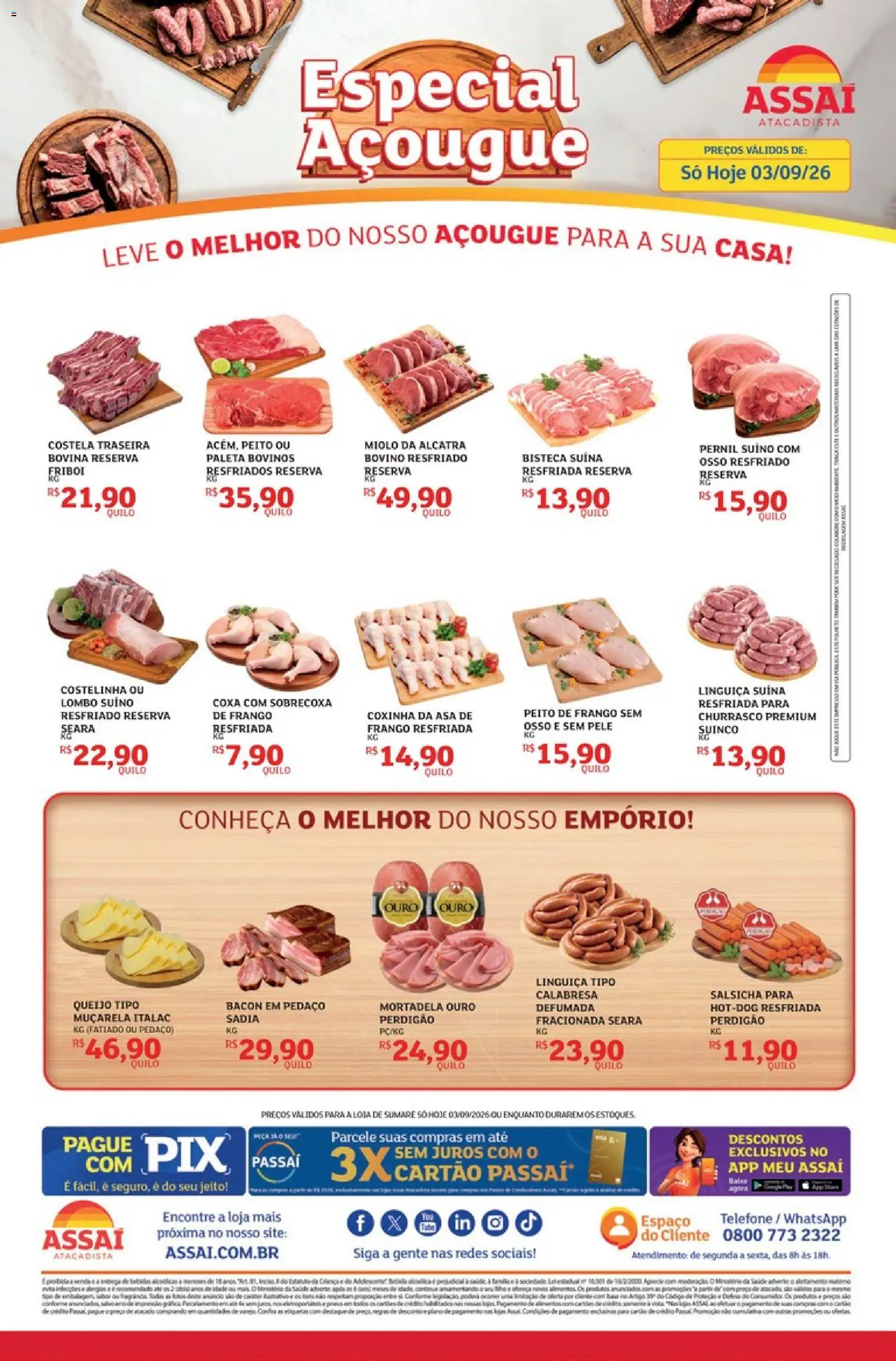 Assaí Atacadista Folheto - válido de 03/09/2026 | Página: 1 | Produtos: Salsicha, Mortadela, Telefone, Frango