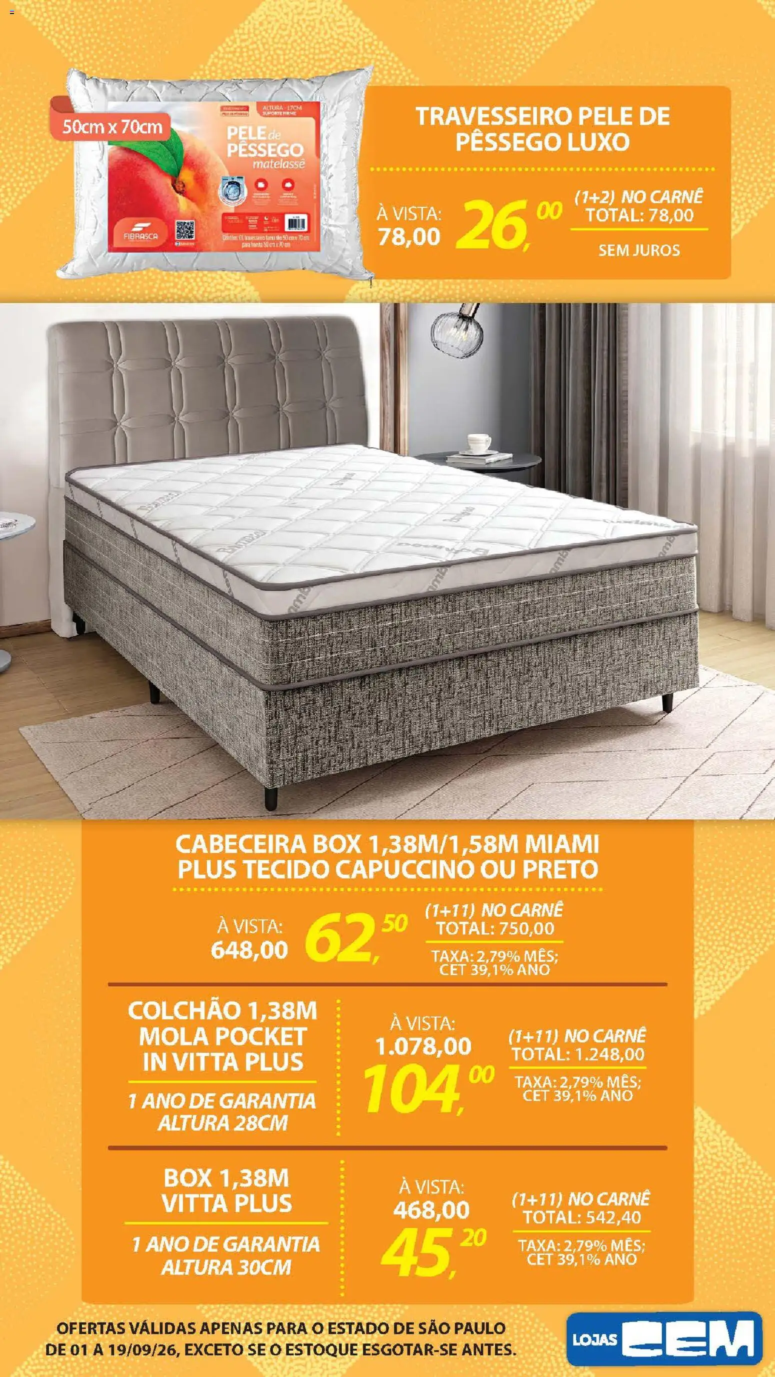 Lojas Cem Folheto - válido de 01/09/2026 | Página: 23 | Produtos: Travesseiro, Colchão, Tecido, Carne