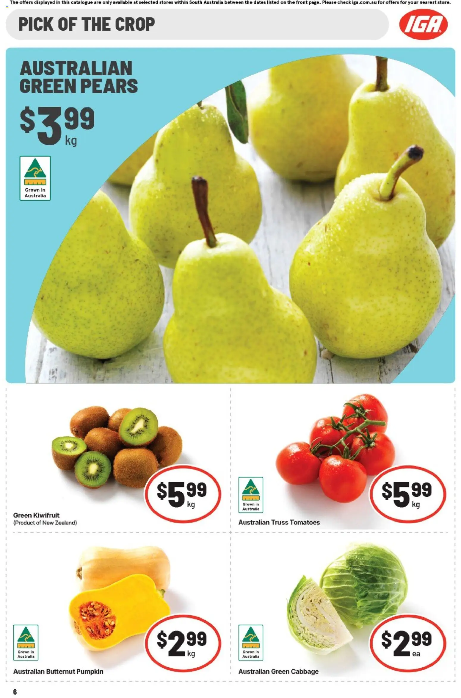 IGA catalogue - valid from 19/08/2026 | Page: 6 | Products: Tomatoes, Cabbage, Pumpkin, Pears