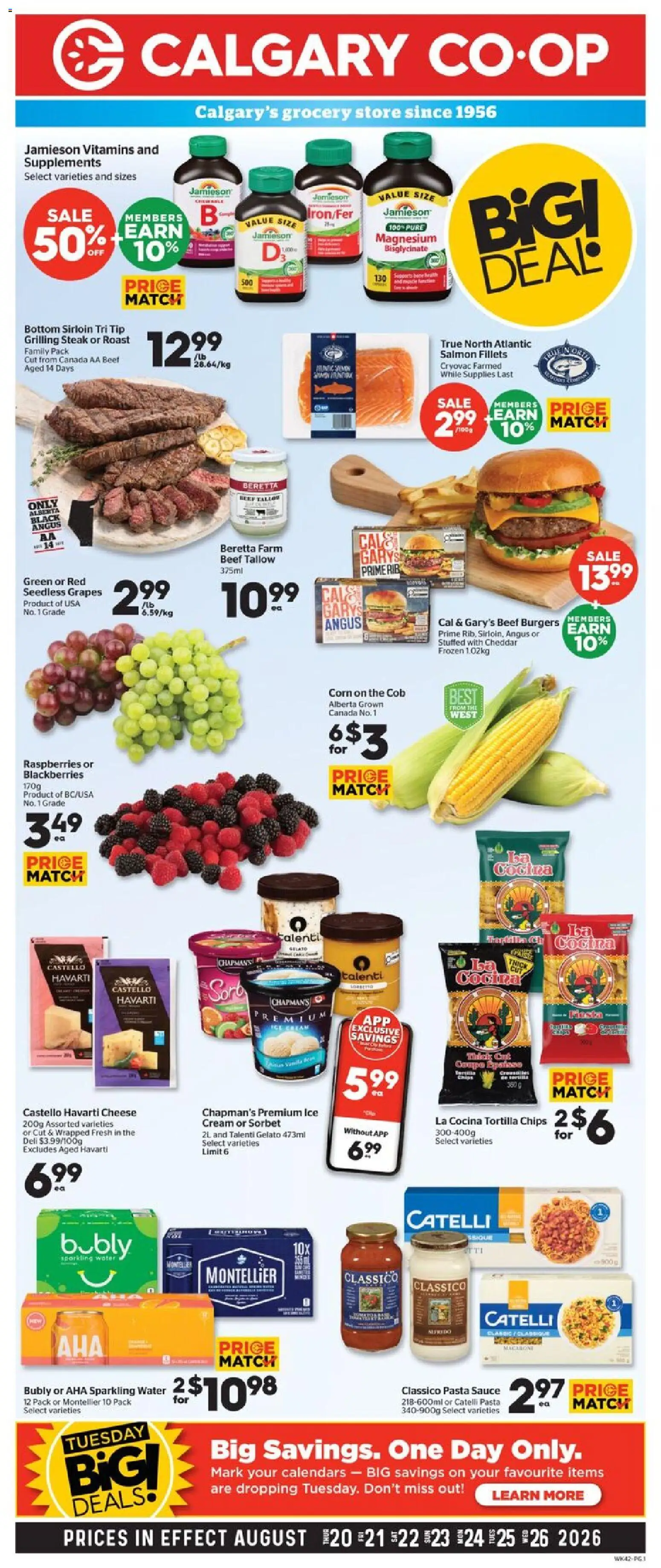 Calgary Co-op flyer valid from Aug 20, 2026 | Page: 1 | Products: Salmon, Roast, Steak, Grapes