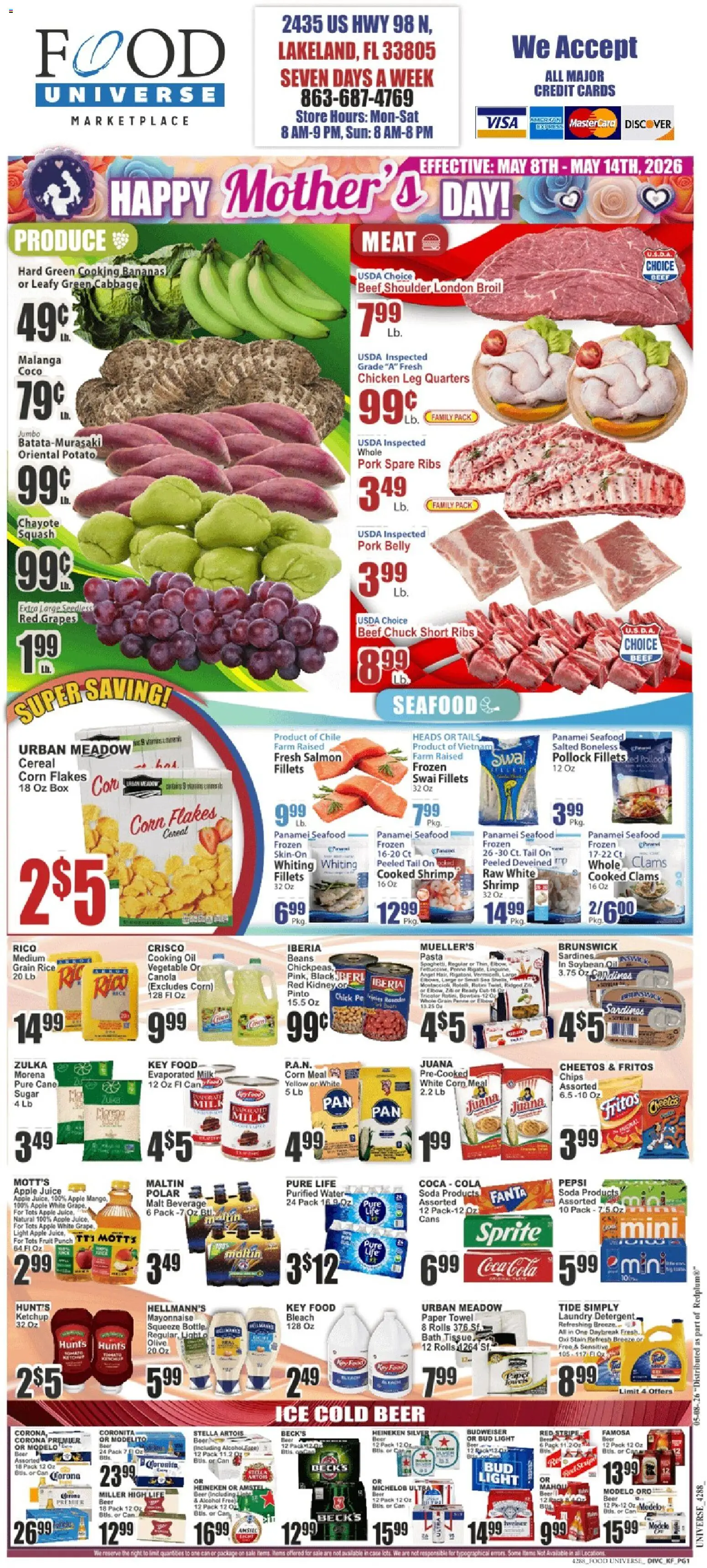 Food Universe Weekly Ad - valid from 08.05.2026 | Page: 1 | Products: Corn, Beef, Water, Cabbage