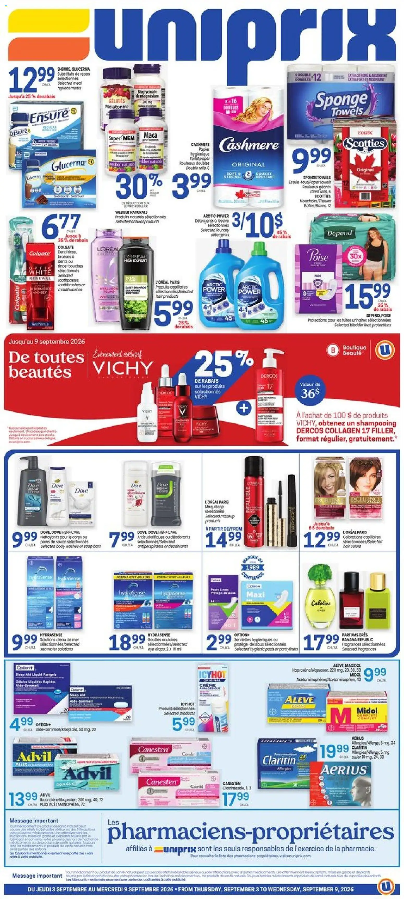 Uniprix flyer valid from Sep 3, 2026 | Page: 1 | Products: Water, Sponge, Soap, Towels