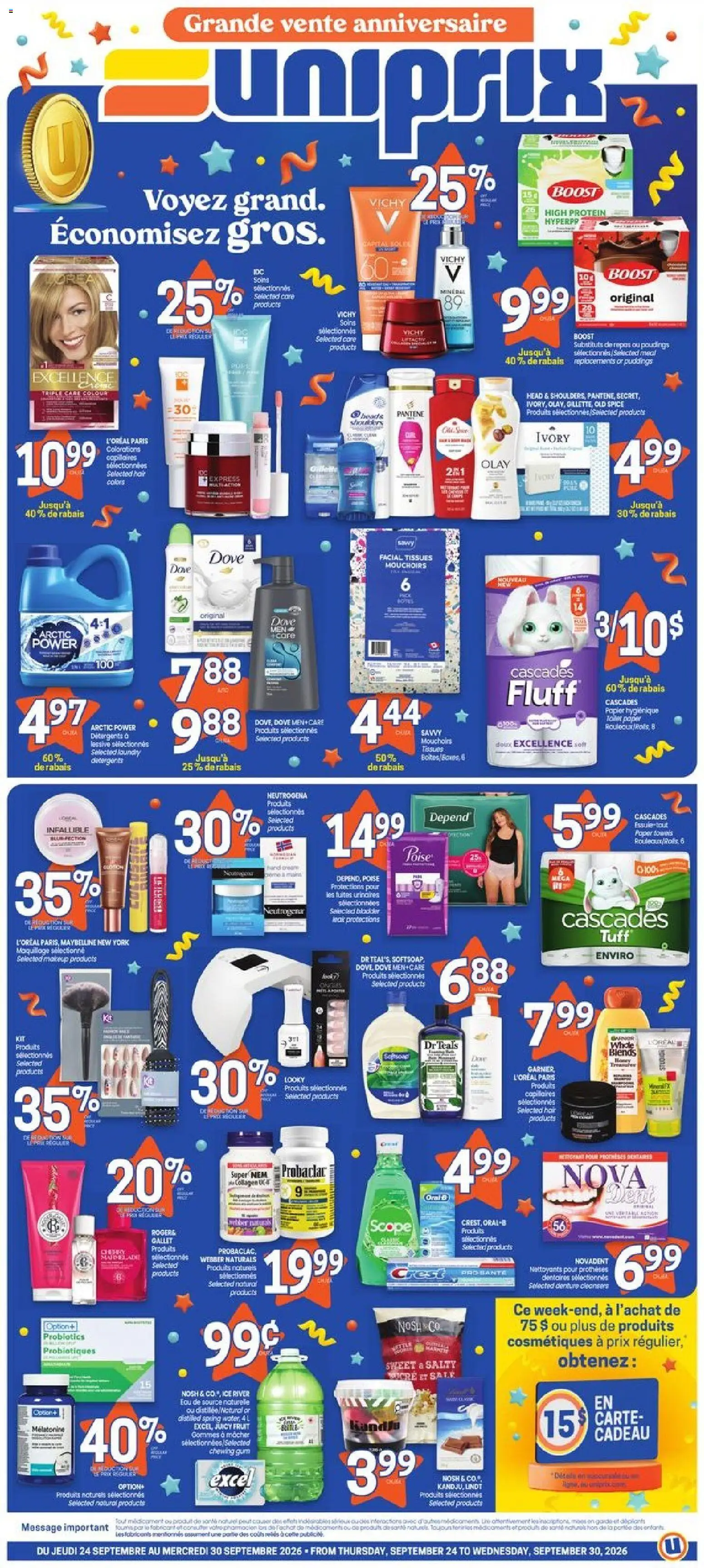 Uniprix flyer valid from Sep 24, 2026 | Page: 1 | Products: Paper towels, Toilet paper, Chewing gum, Towels