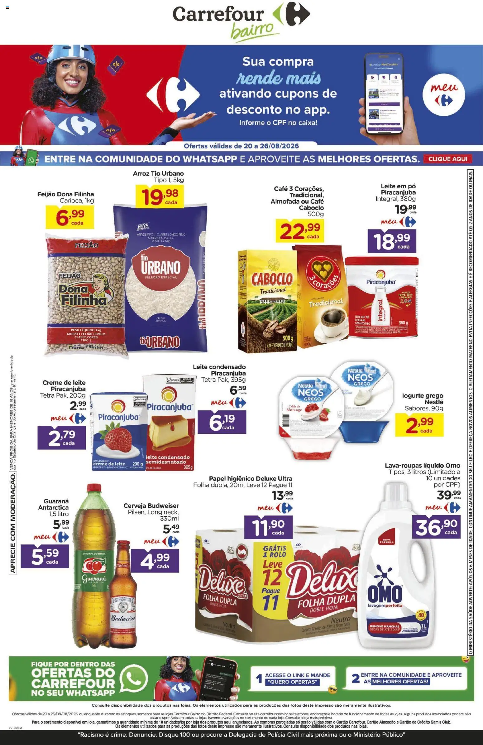 Carrefour Bairro Folheto - válido de 20/08/2026 | Página: 1 | Produtos: Cerveja, Arroz, Creme, Leite em pó