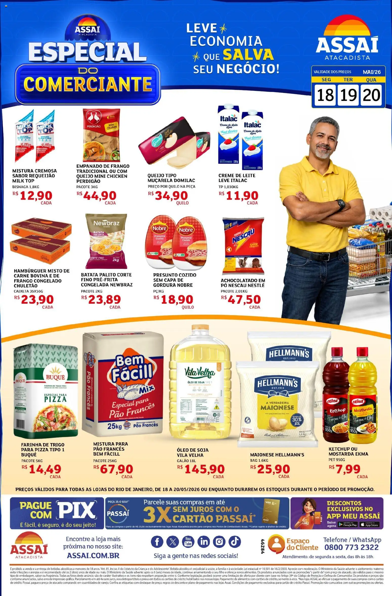 Assaí Atacadista Folheto - válido de 18.05.2026 | Página: 1 | Produtos: Presunto, Hambúrguer, Chuletão, Soja