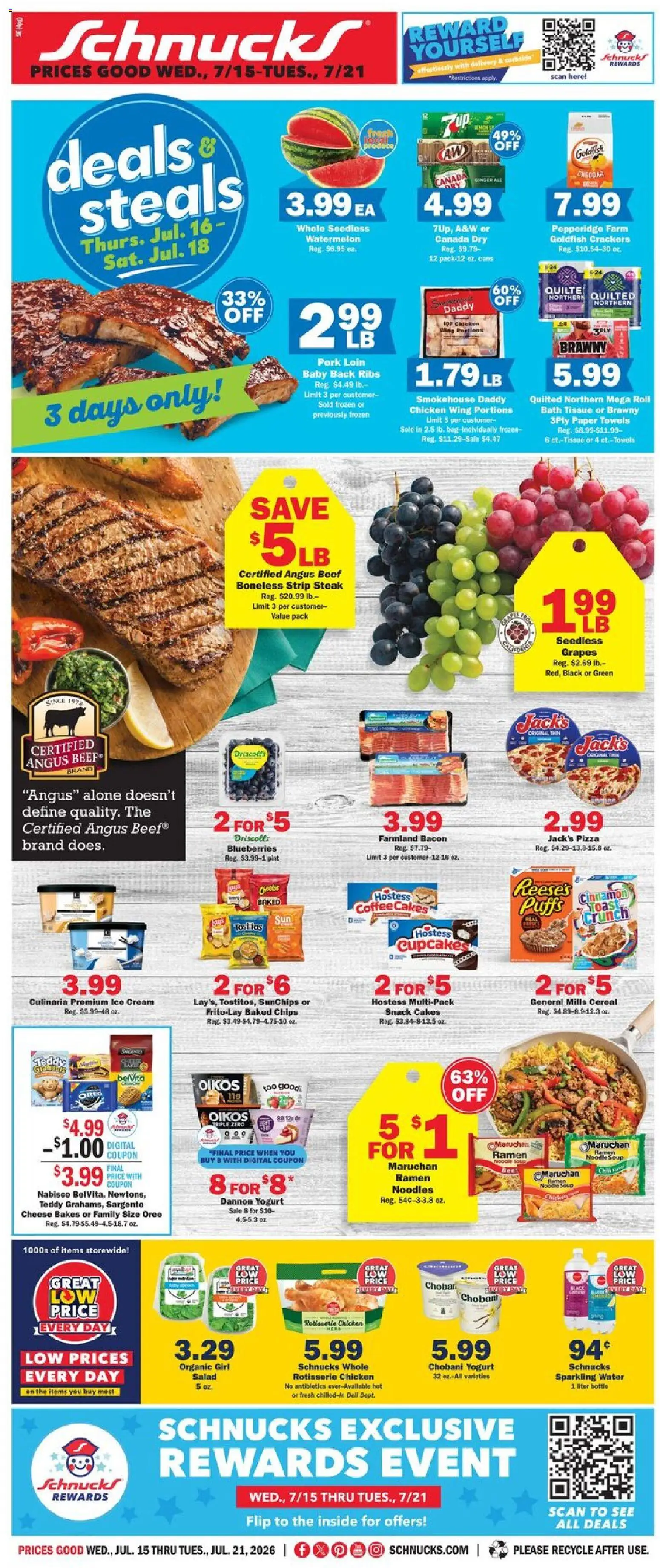 Schnucks Weekly Print Ad - IN - valid from 07/15/2026 | Page: 1 | Products: Cheese, Beef, Chips, Ice cream
