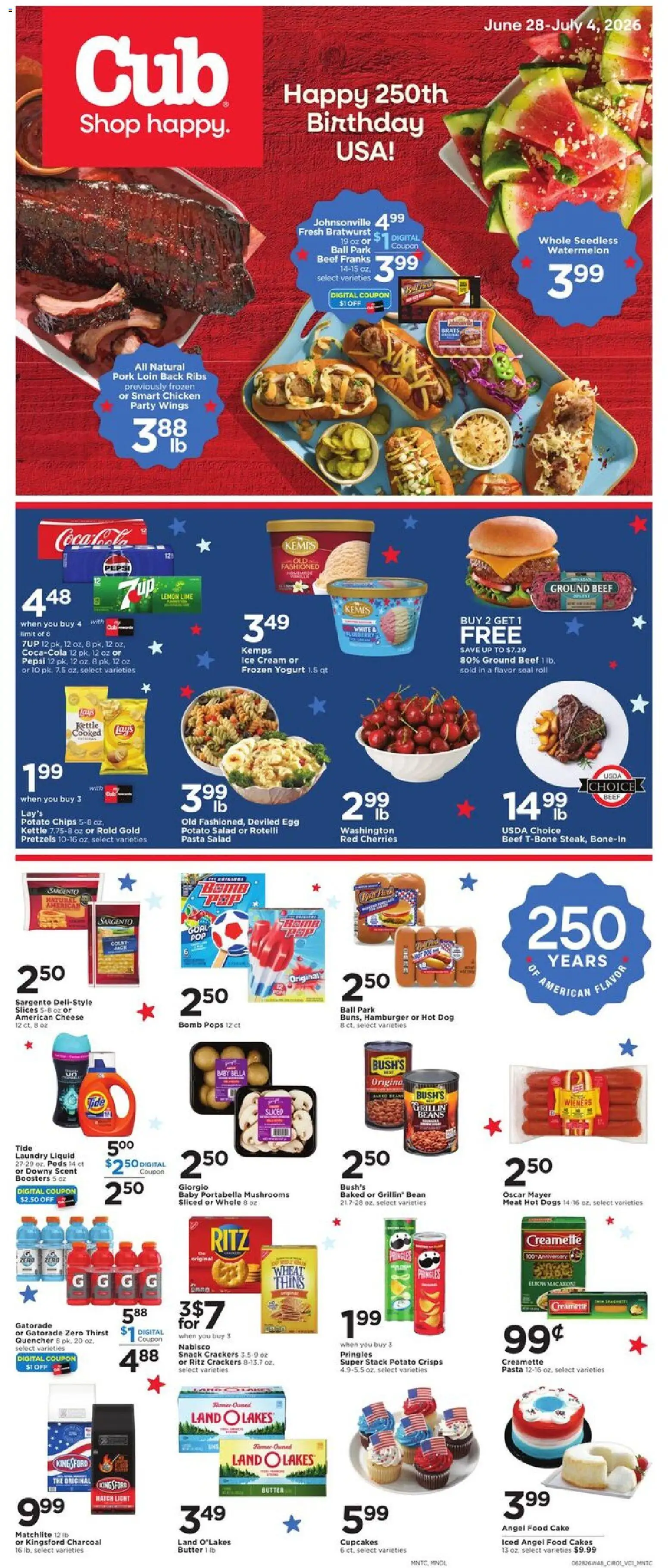 Cub Foods Weekly Ad - valid from 06/28/2026 | Page: 1 | Products: Cherries, Beef, Pasta, Hot Dogs