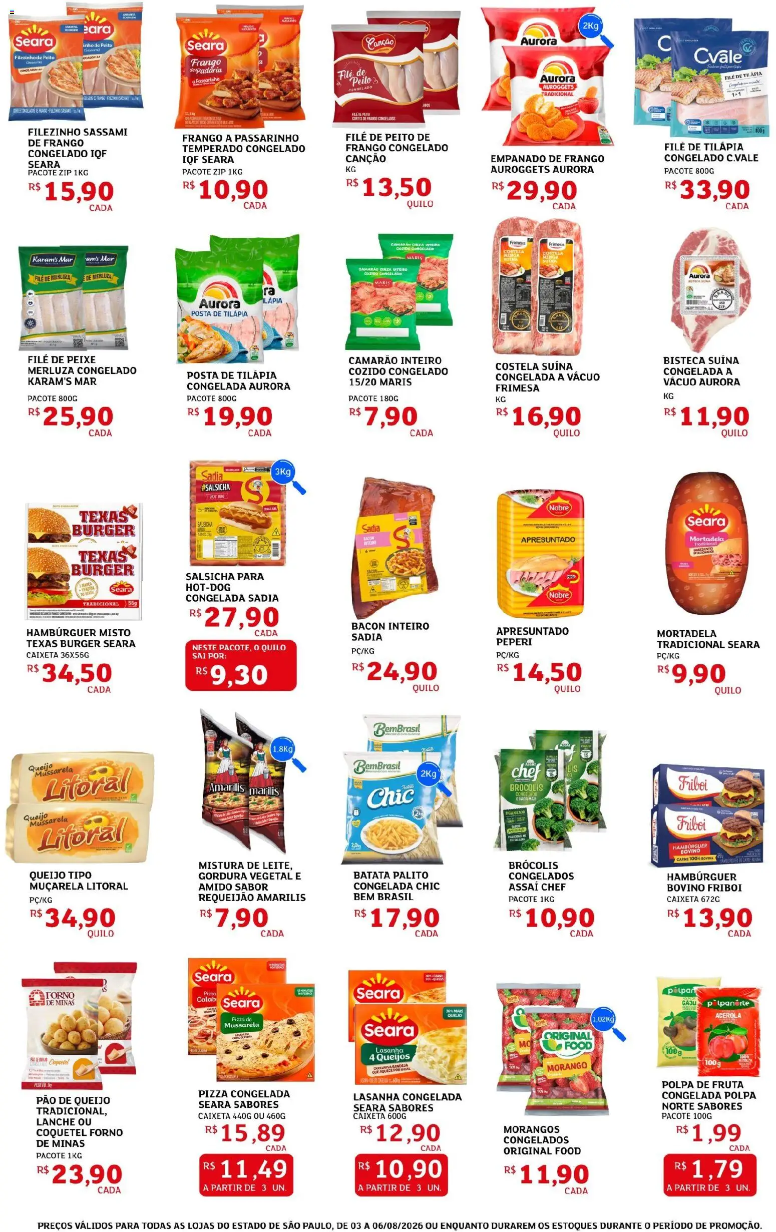 Assaí Atacadista Folheto - válido de 03/08/2026 | Página: 3 | Produtos: Camarão, Mortadela, Carne, Hambúrguer