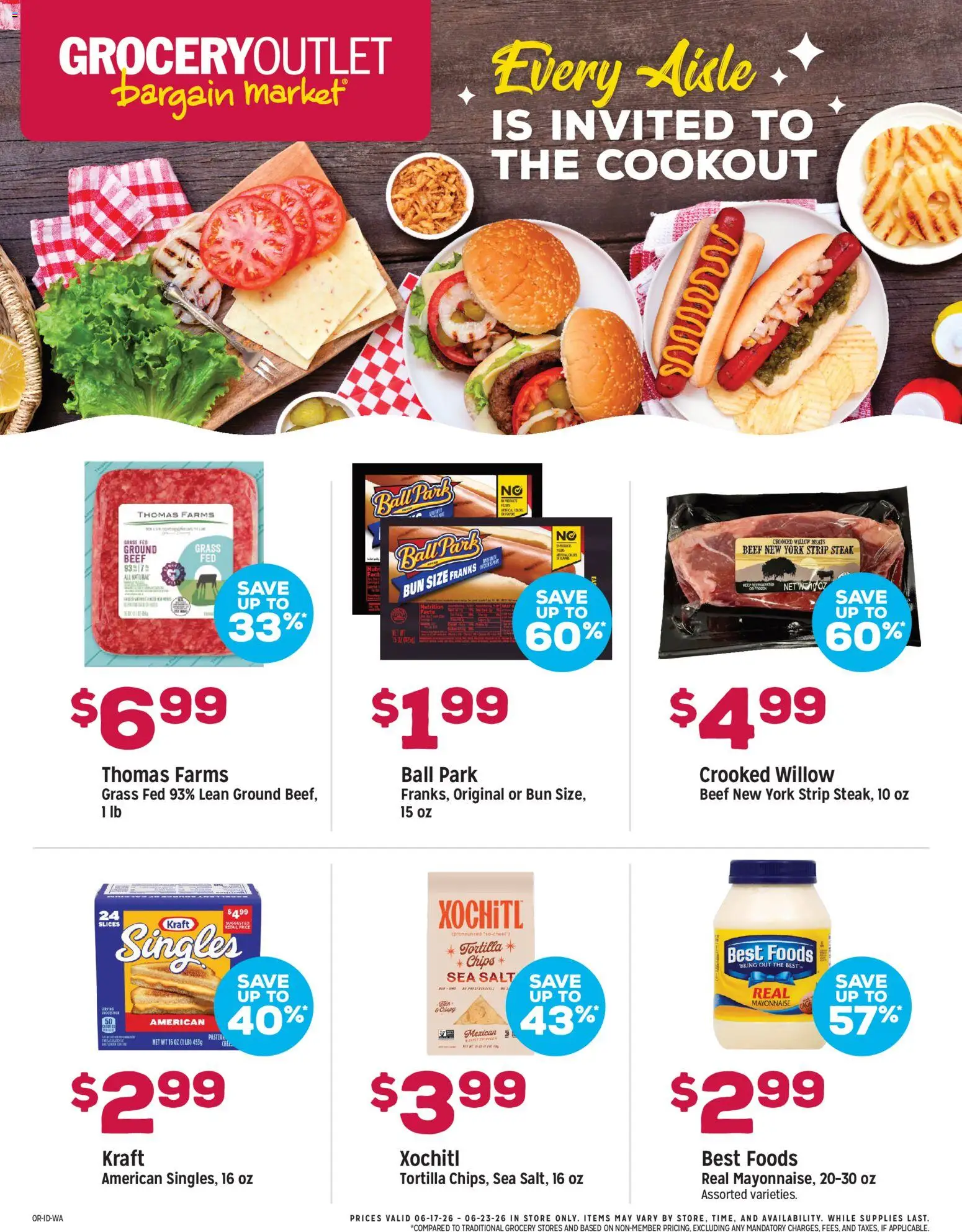 Grocery Outlet Weekly Ad - ID - valid from 17.06.2026 | Page: 1 | Products: Beef, Chips, Mayonnaise, Salt