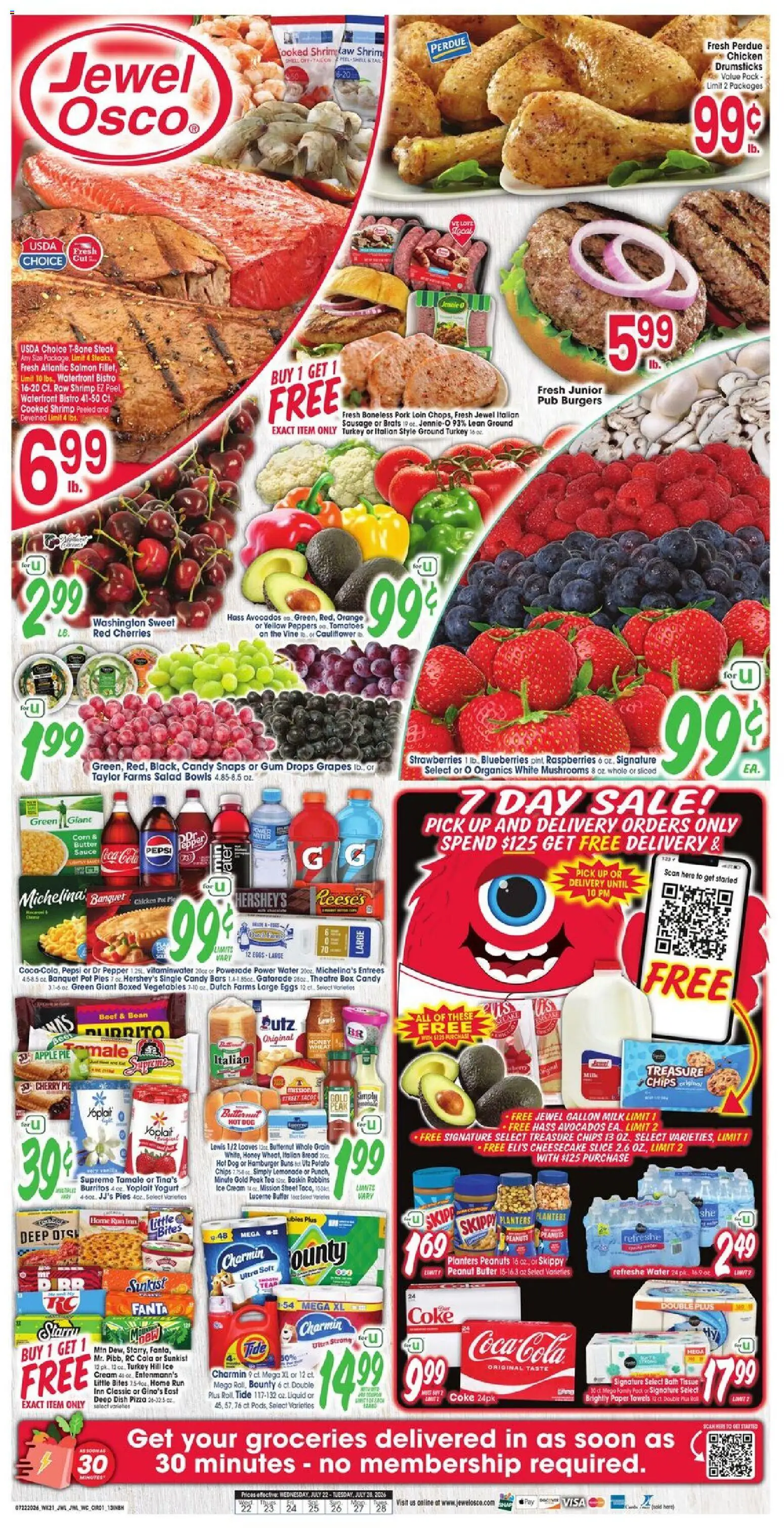 Jewel Osco Weekly Ad - valid from 07/22/2026 | Page: 1 | Products: Milk, Pizza, Chips, Water