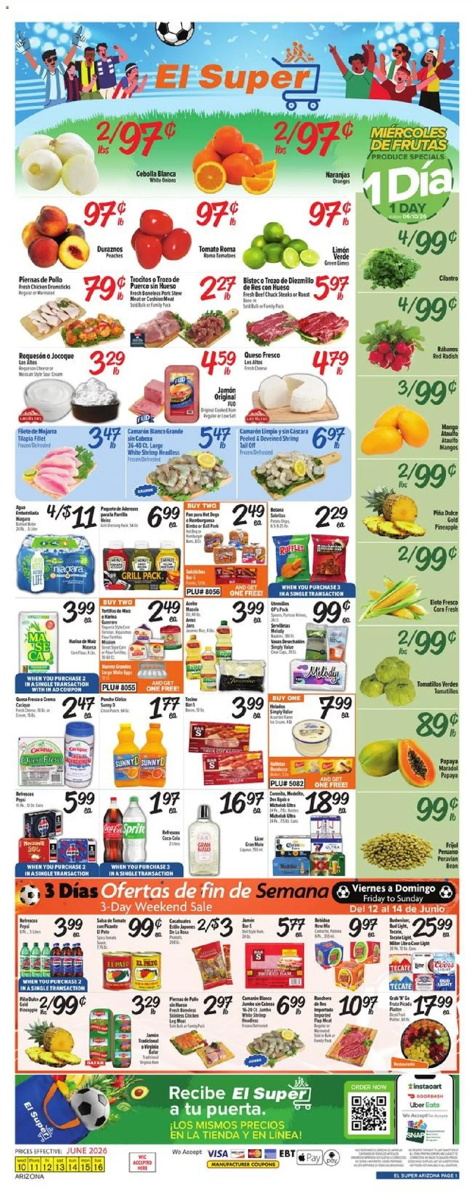 El Super Weekly Ad - AK - valid from 10.06.2026 | Page: 1 | Products: Peaches, Pan, Pork, Tomatoes