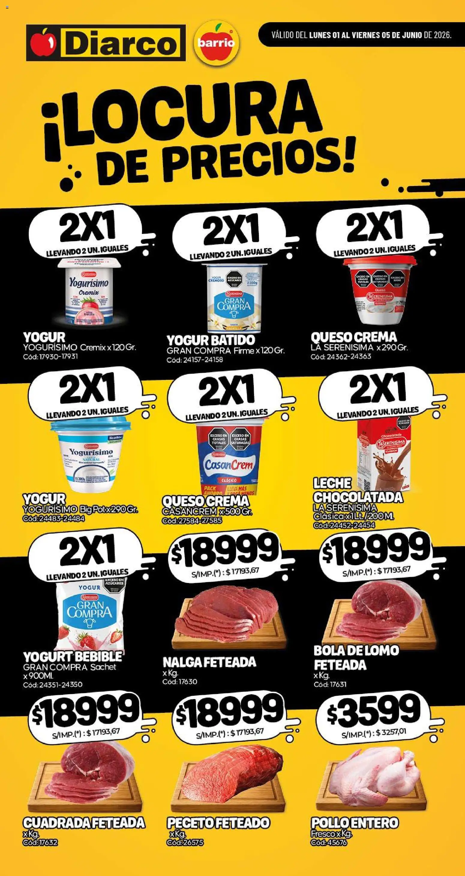 Diarco - Especial Locura De Precios │ válido desde el 01.06.2026 | Página: 1 | Productos: Queso crema, Queso, Yogur, Chocolatada
