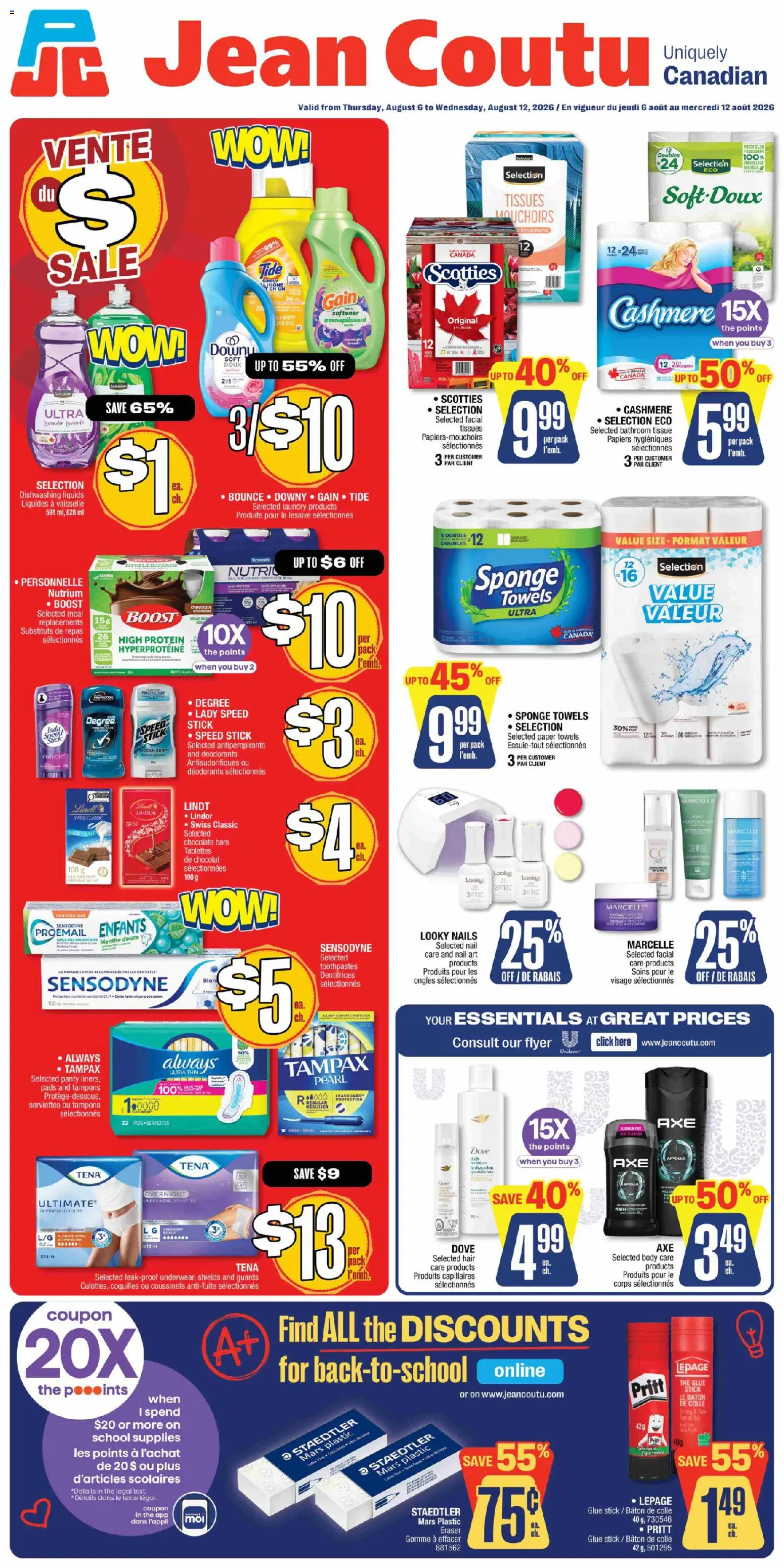 Jean Coutu flyer valid from Aug 6, 2026 | Page: 1 | Products: Sponge, Milk, Chocolate, Underwear